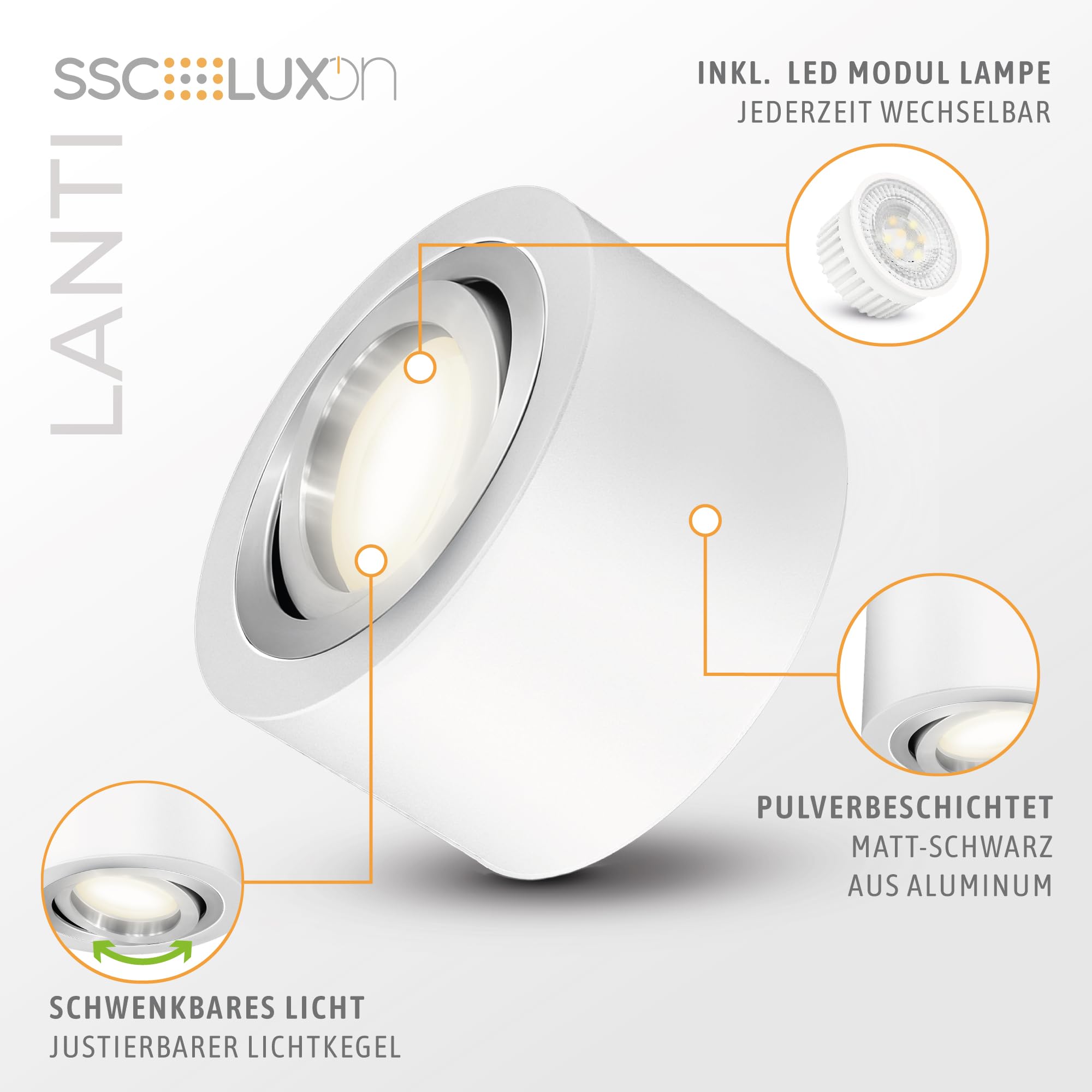 SSC-LUXon 4 x LANTI Aufbauspot weiß rund silber Innenring – schwenkbarer Strahler mit LED 4W neutralweiß 230V – Spot für Wohnzimmer & Küche
