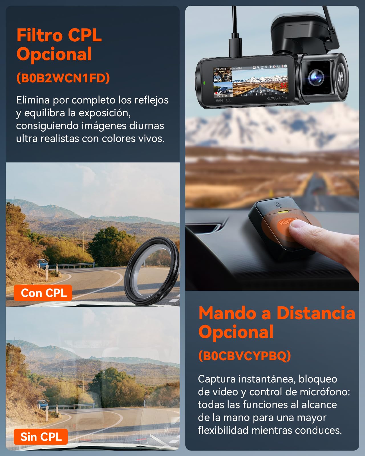 VANTRUE N4 Pro Cámara de Coche WiFi 4K de 3 Canales, Visión Nocturna STARVIS 2 IMX678, 1080P/30FPS, Control de Voz, GPS, HDR, Modo de Estacionamiento 24 Horas, Soporte 512GB Máx.