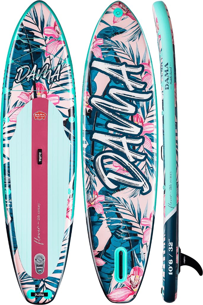DAMA Light Flower Tabla de Paddle Surf Hinchable, Sup Paddle Board Inflable 320 x 81 x 15 cm, Antideslizante, hasta 145 kg, Remo Doble, Bomba, Mochila, Correa de Seguridad y Bolsa Estanca 5 L