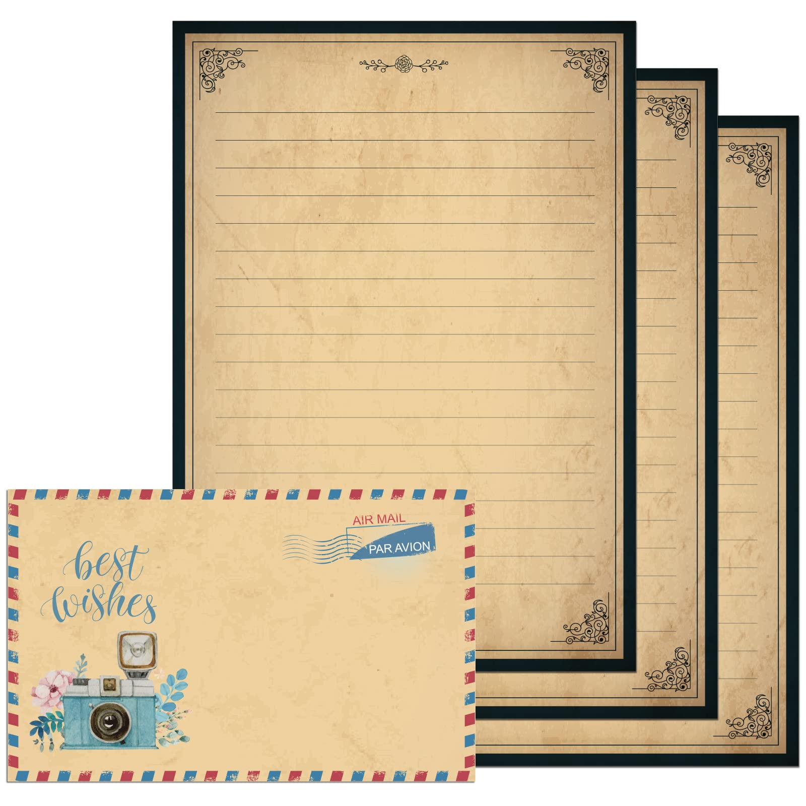 Lined Vintage Stationary Paper, 7.3 x 10.2 Inch Old Fashion Stationary Paper and Envelopes Set, 48 Sheets + 24 Envelopes Letter Writing Stationery Set