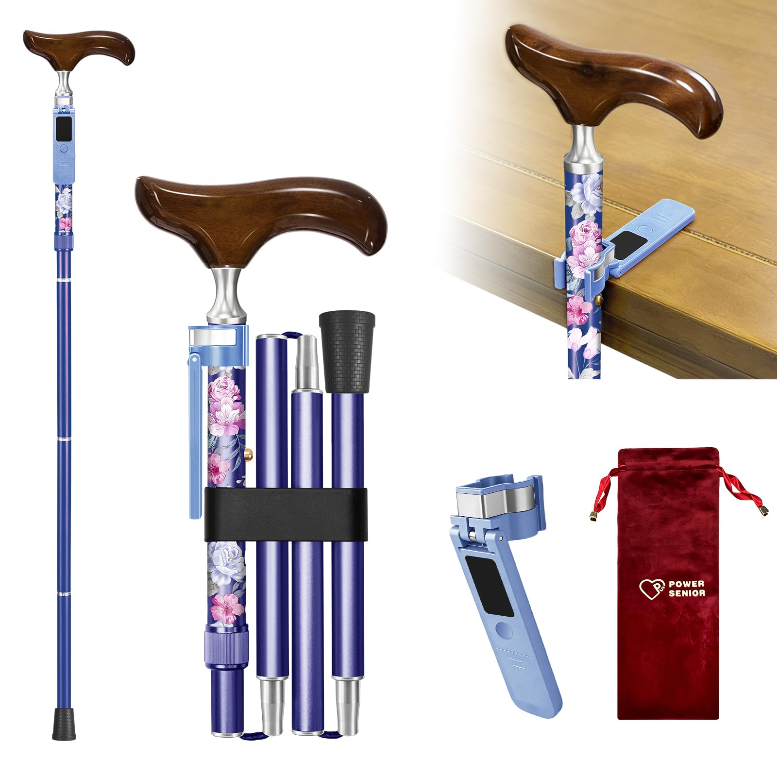 Bastón plegable con soporte antideslizante para hombres y mujeres, bastón de aluminio anticaída, mango de madera, ligero, bastón plegable ajustable para mayor estabilidad y apoyo (morado)