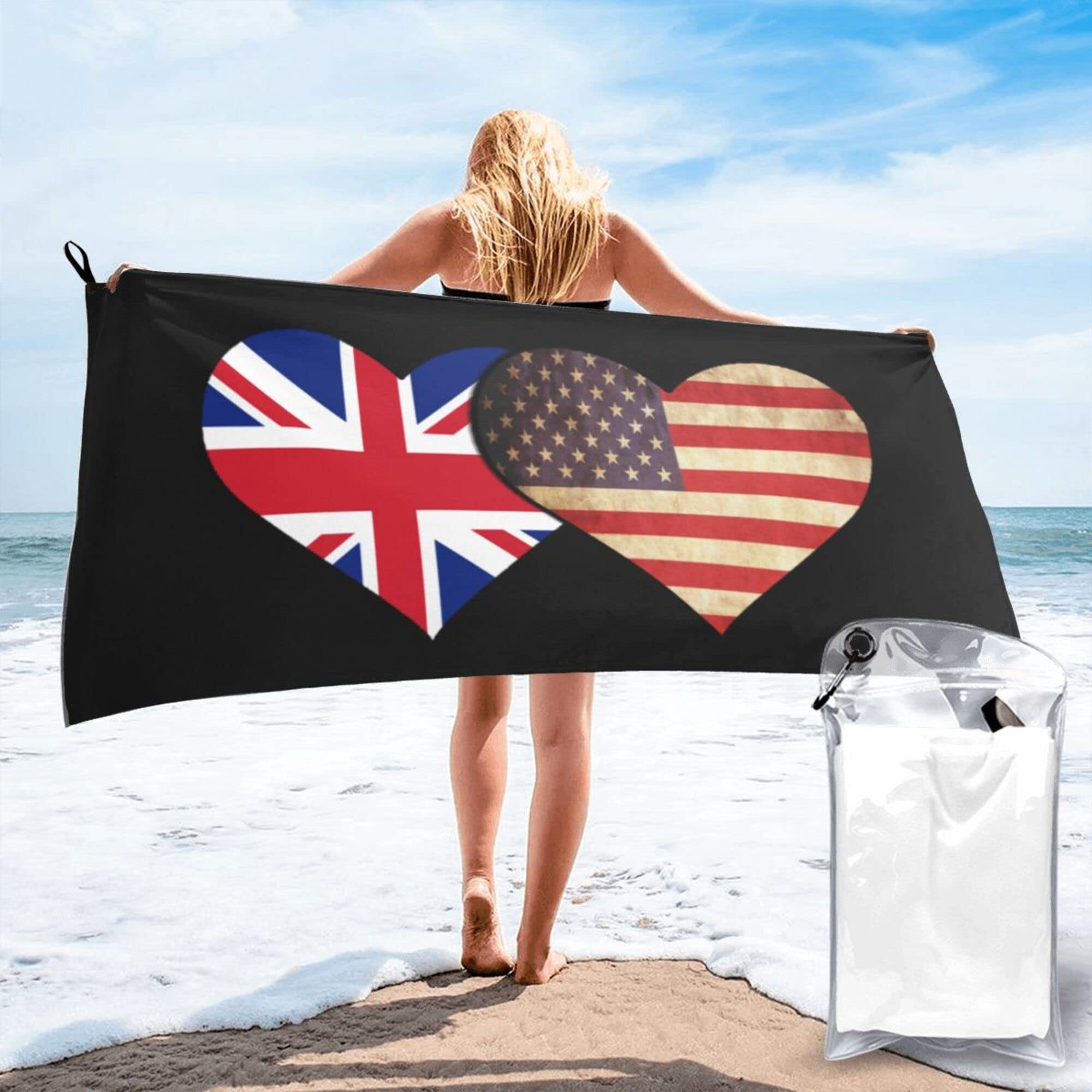 Lsjuee British Flag and American Flag Microfiber Beach Towel-Quick Dry Oversized Towels Blanket for Travel Pool Camping