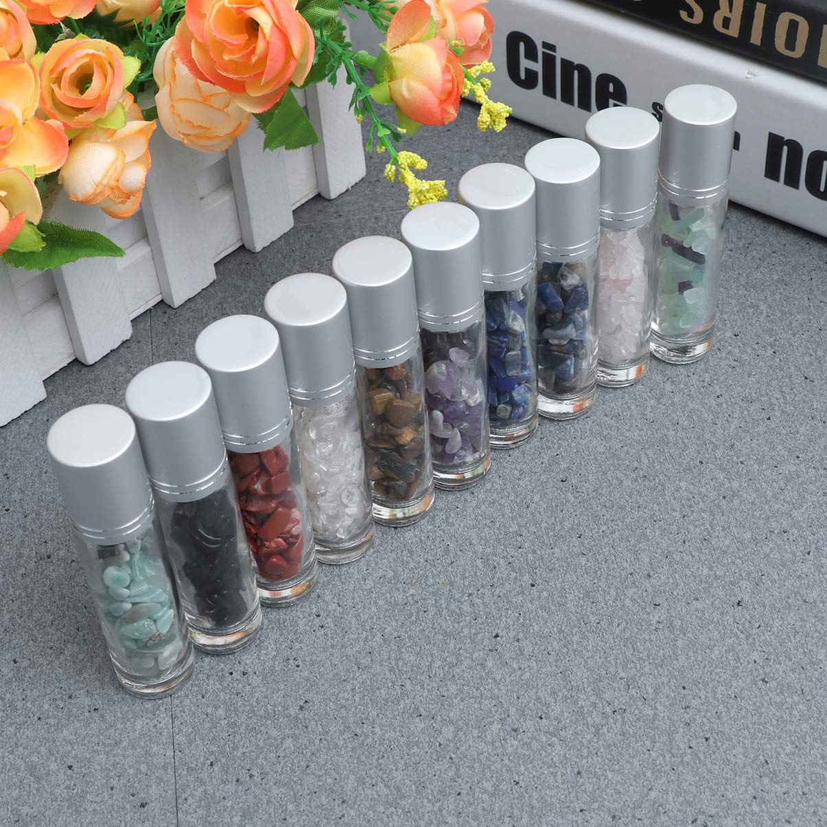5x Chakra Roll-On Flaschen Mit Tigeraugen-Kristall - 10 Ml Glas Mit Bambusdeckel Für ätherische Öle