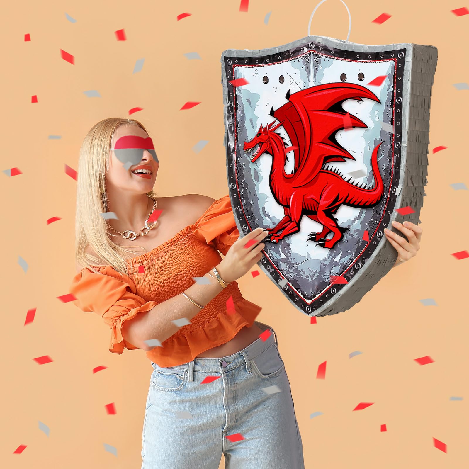 Leyndo Lot de 4 piñata de fête de Noël sur le thème du dragon rouge avec bouclier festif, bandeau pour les yeux, épée médiévale chauve-souris et confettis pour enfants, décorations de fête de Noël,