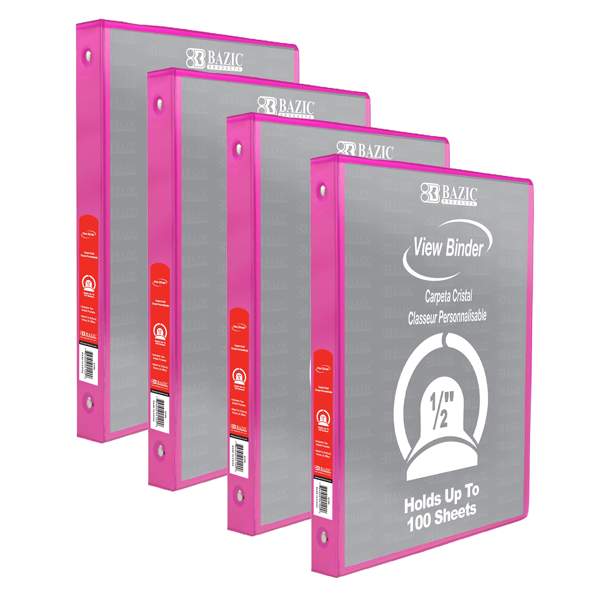 BAZIC Products 1/2 in Fuchsia 3-Ring View Binder, Round Ring, 4-Pack