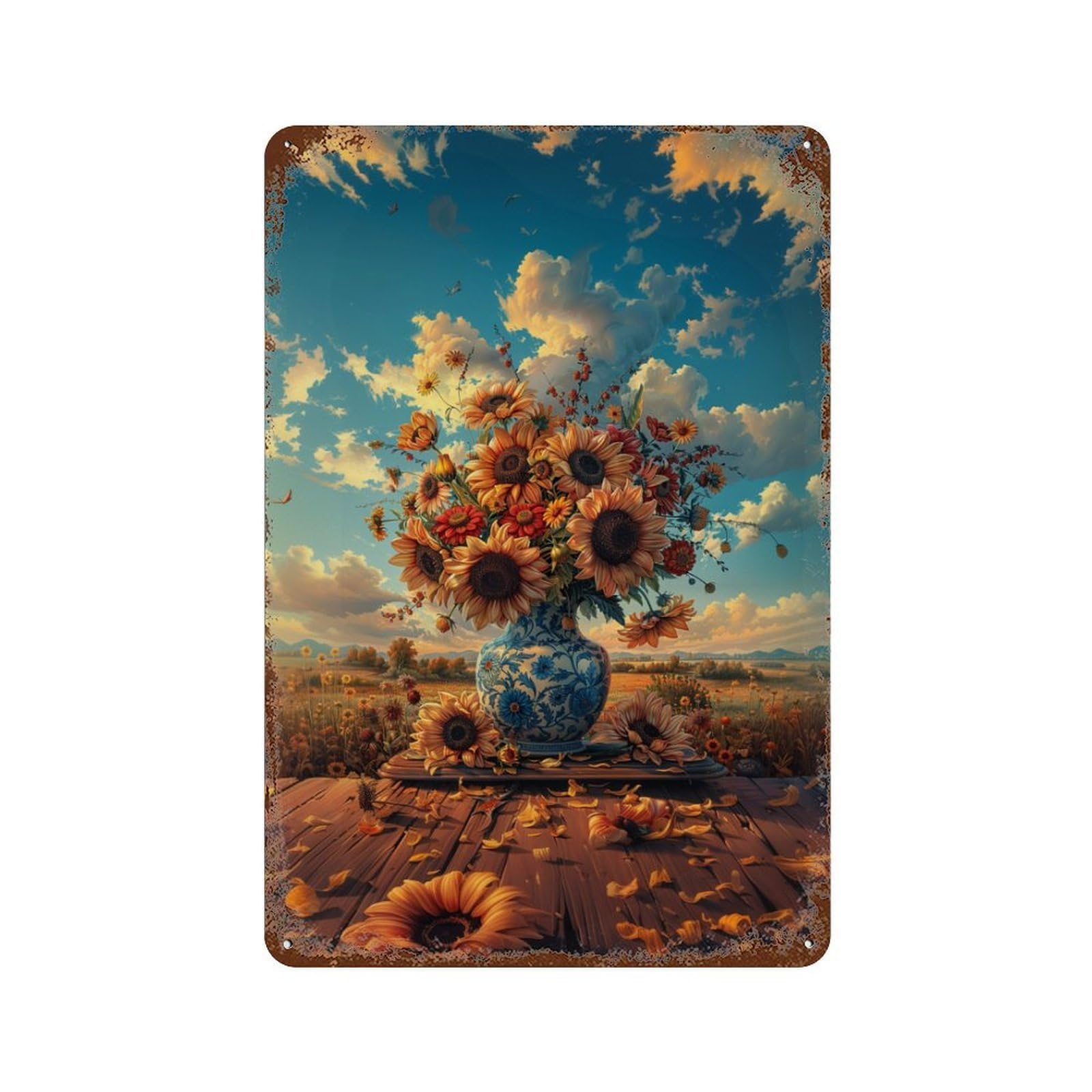 Sunflower Field Vase Scene Retro Metal Sign 11.8"x7.9", Industrial Home Decor for Garage, Pub Or Kitchen
