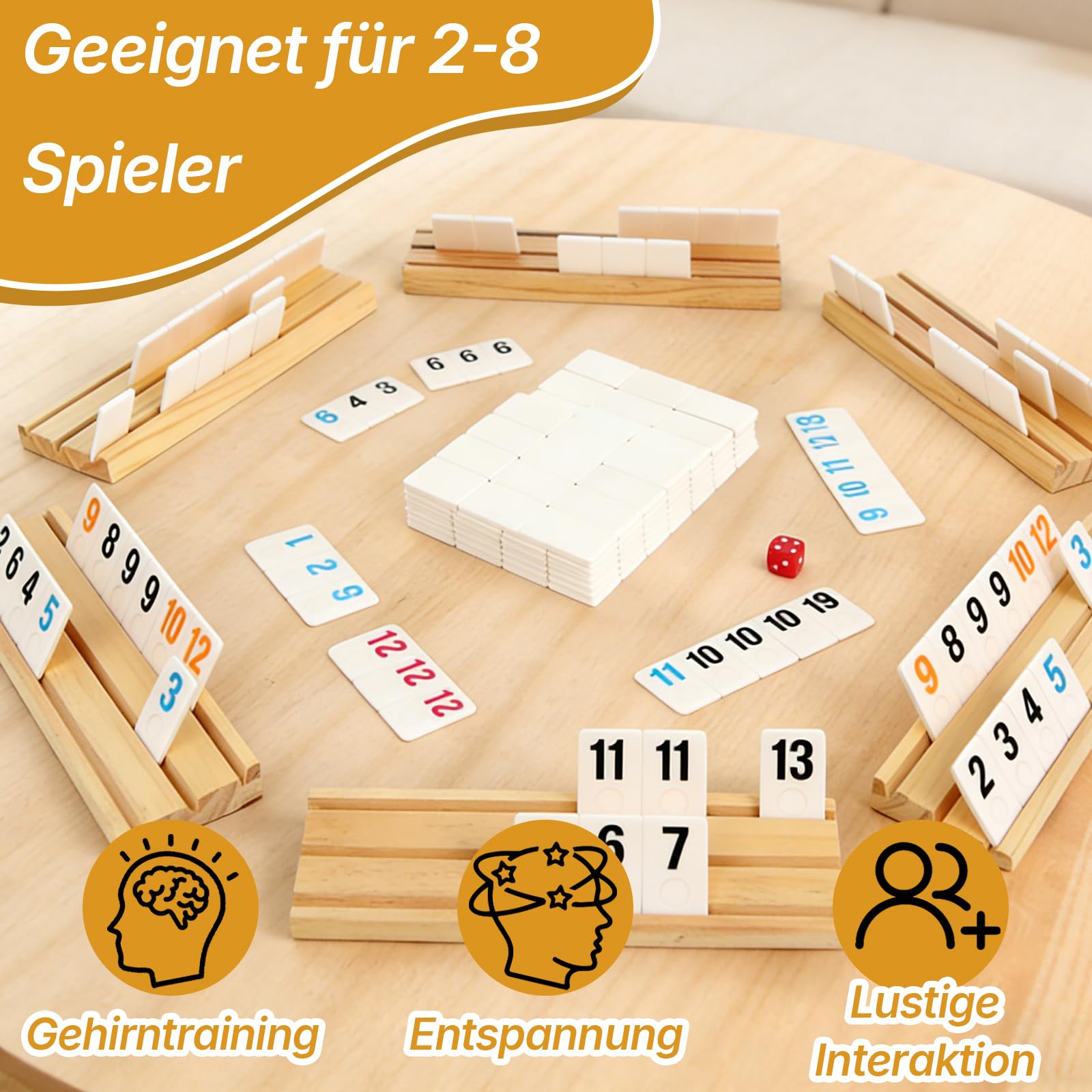 Rummy Spiel Set für 2–6 Spieler mit 160 Steinen, 6 Holzhalter, Würfel & Aufbewahrungsbox – Klassisches Brettspiel, Familienspiel & Reisespiel für Kinder und Erwachsene