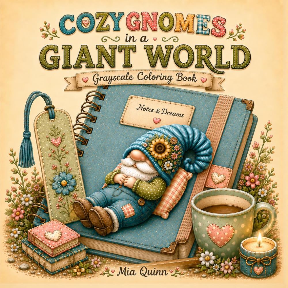 Cozy Gnomes in a Giant World Grayscale Coloring Book: 50 Cozy Fantasy Grayscale Coloring Pages Featuring Tiny Gnomes, Giant Everyday Objects, Whimsical Adventures (Cozy Gnome Coloring Collection)