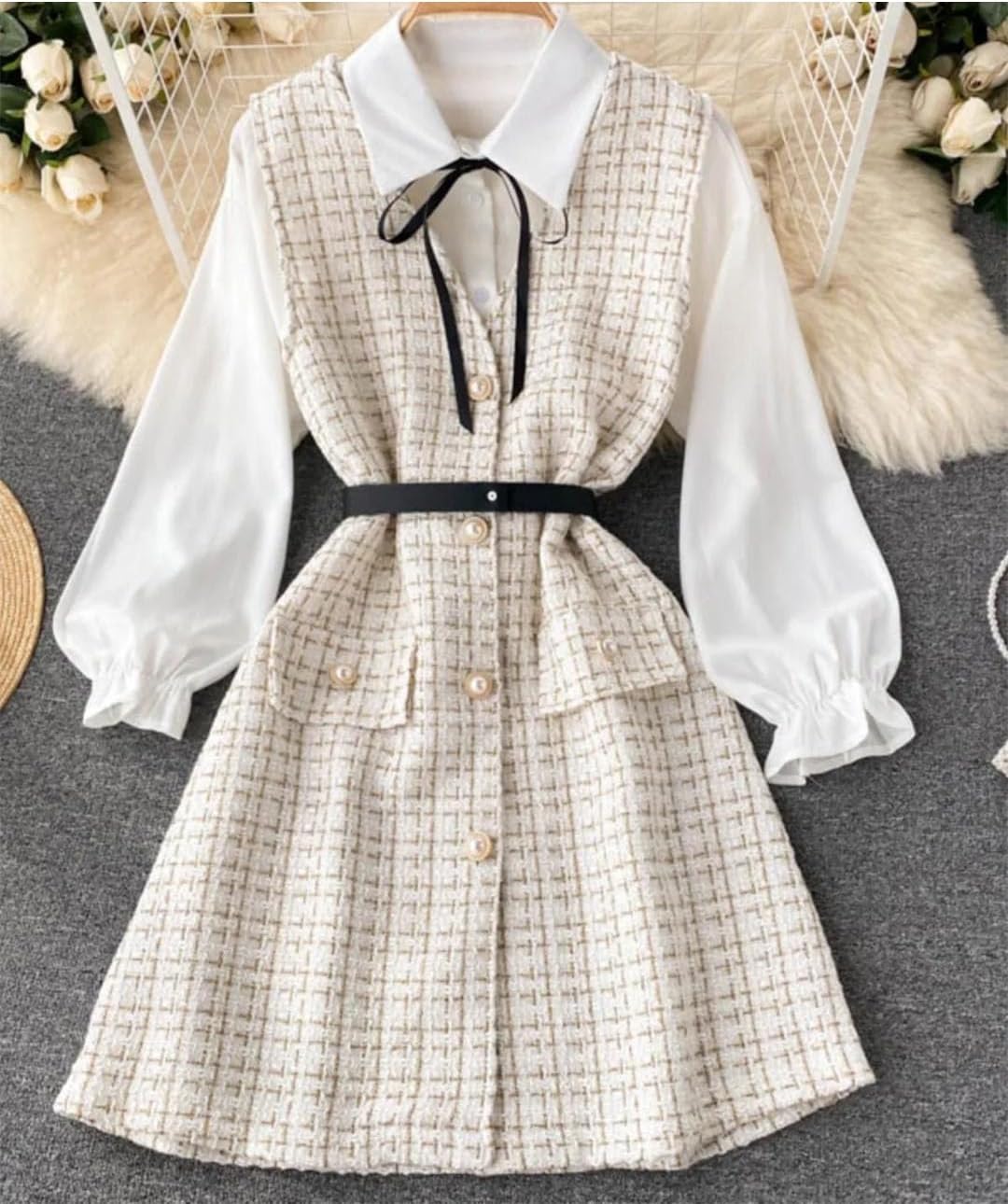 Women's Dress Puff Sleeve Shirt Strap Robe Lace Up Two-Piece Set