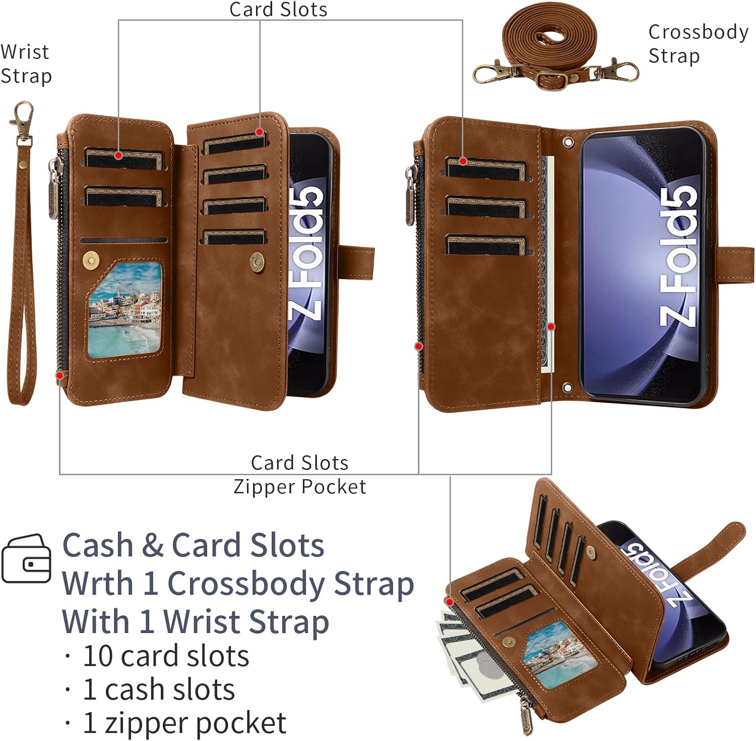 Asuwish Phone Case for Samsung Galaxy Z Fold 5 5G 2023 Zipper Wallet Cell Cover with Tempered Glass Screen Protector Crossbody Wrist Strap Flip Credit Card Holder Slot ZFold5 Z5 G Fold5 5Z Women Brown