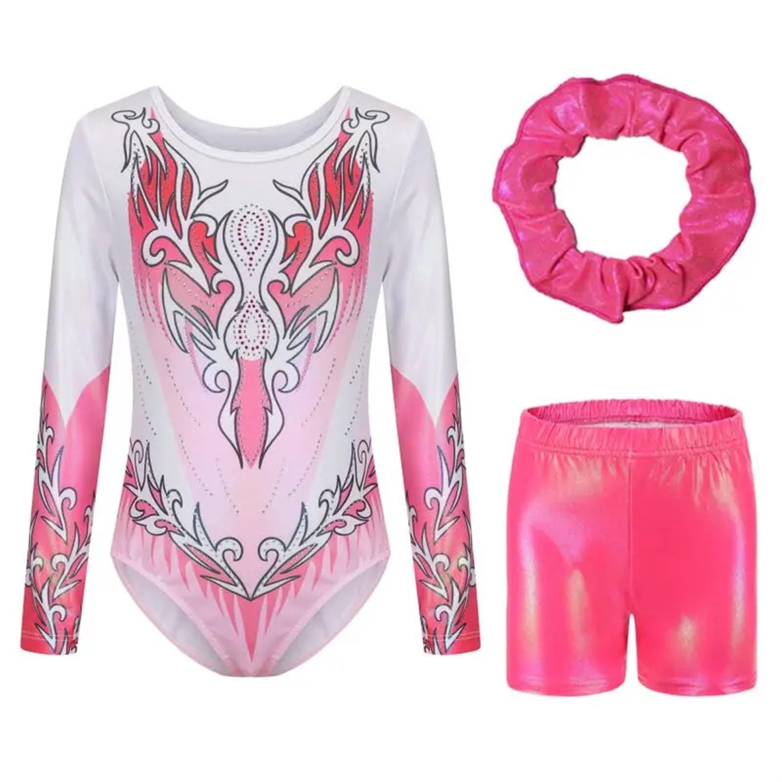 Turnanzug Mädchen Kurzarm Ballettanzug-Set, langärmelig, glitzernder Tumbling-Bodysuit mit Shorts, Stirnband-Set, Performance-Kostüm for Mädchen(Color1,7-8Y)