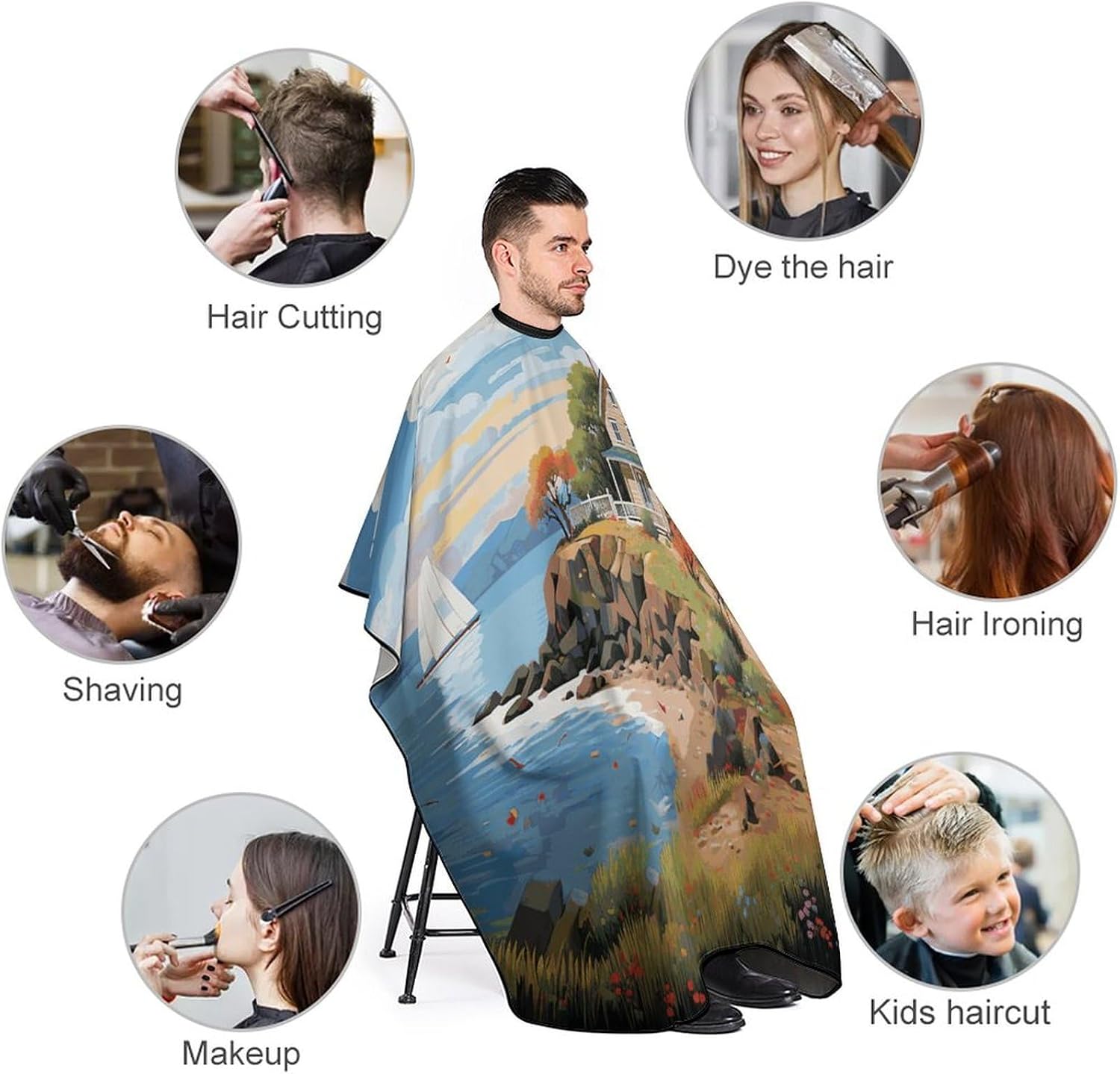 Coastal Lighthouse Apron for Women Men,Barber Cape with Adjustable Snap Closure,Hair Cutting Cape,66.9 X 56.7 Inches for Hair Dye, Comb-out, Styling, Shampoo