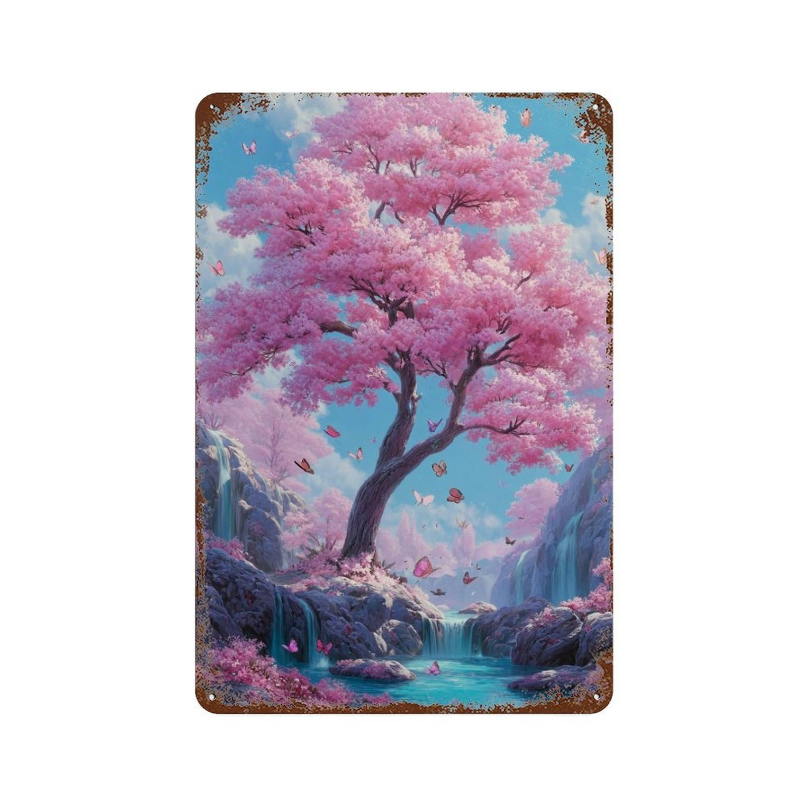 Aged Metal Wall Plaque with Cherry Blossom Paradise Waterfall Design 11.8"x7.9", for Farmhouse, Kitchen And Entryway Decor, Old School Wall Decor