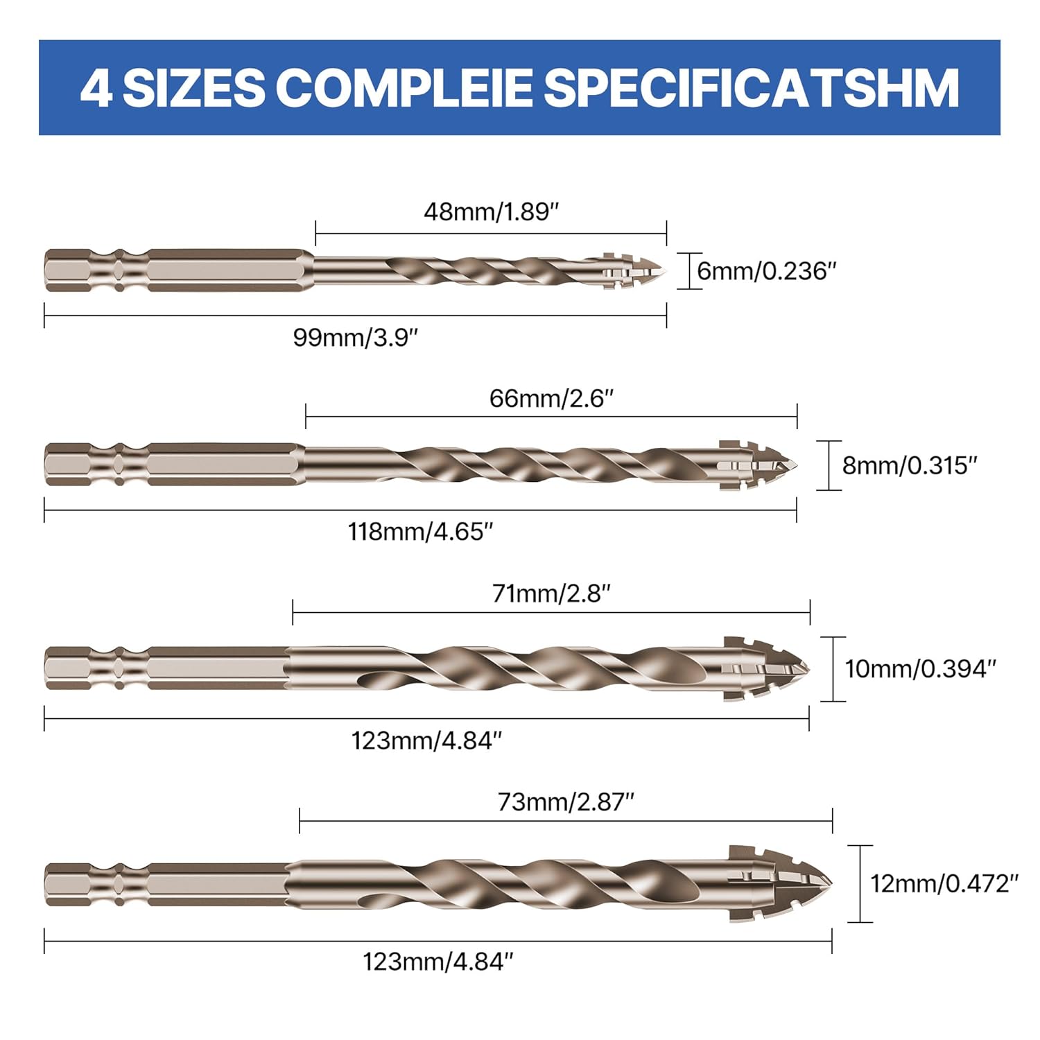 HUHAO 4 Count Four Edged Serrated Eccentric Drill Bit Set,New Four-Flute Sawtooth Eccentric Drill Bit, for Stone, Glass, Concrete, Wood, Brick, Metal,6+8+10+12 mm