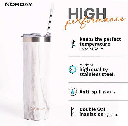 Miniatura 2 de NORDAY  Vaso con tapa y popote - Skinny 22oz - Mármol blanco  Vaso aislado - Para viajes - Vasos de acero inoxidable - Vaso de café de doble pared -