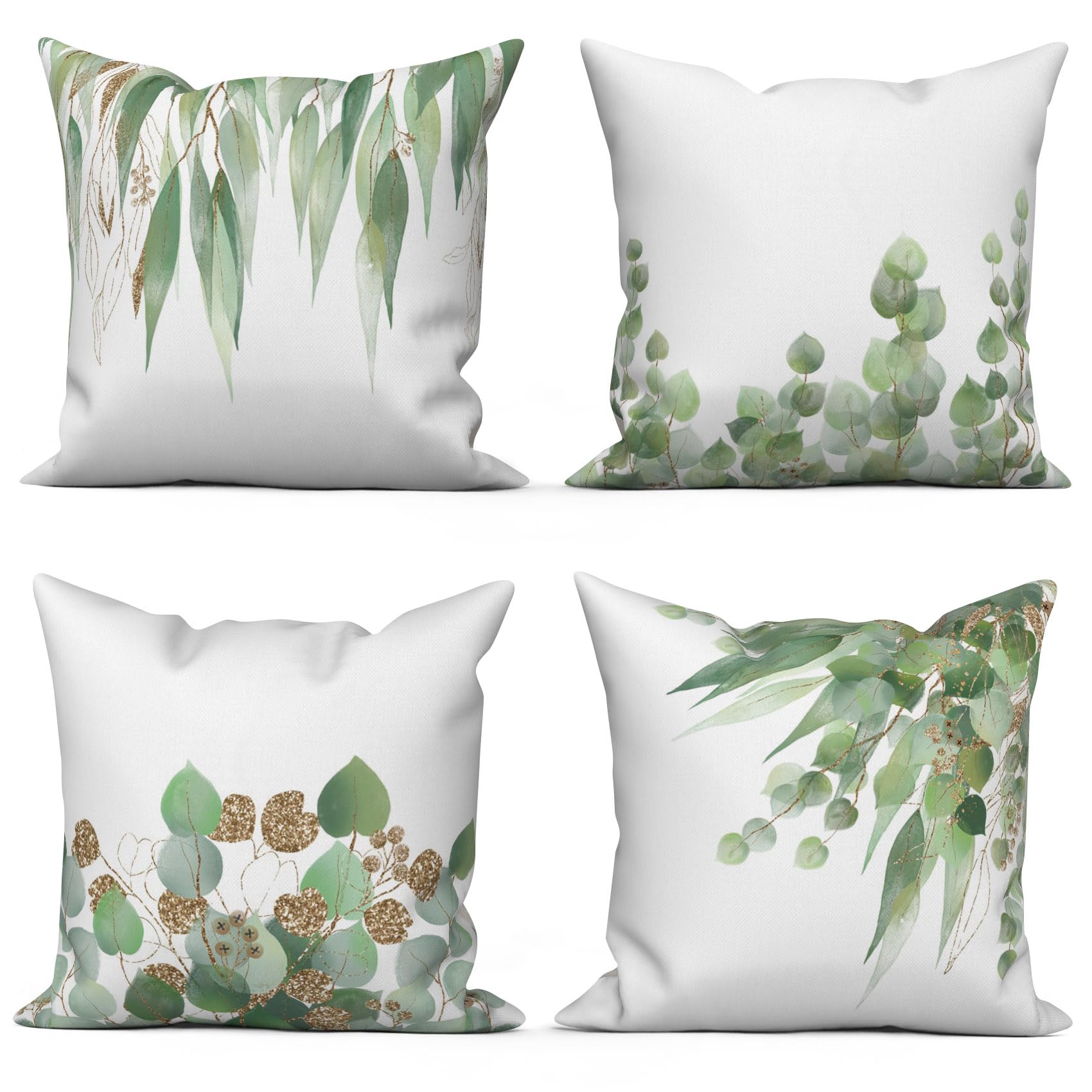 ASDCXZ Green Leaves Pillow Cover 45x45 cm 4pcs Set, Spring Green Gold Eucalyptus Leaves Sofa Deco Pillow Covers Pillow Covers Washable Polyester Flax Textile Outdoor Pillow Cover Pillow Cover