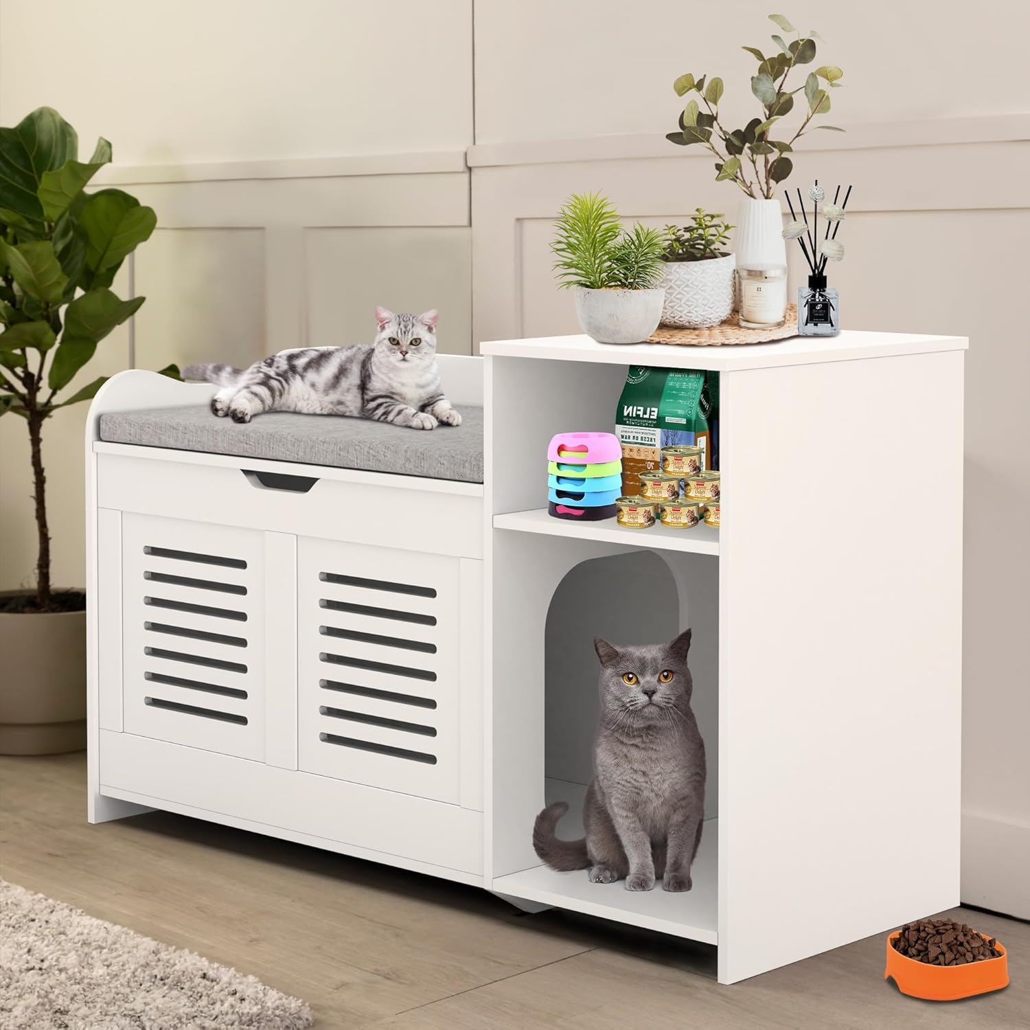 Litter Box Enclosure, Litter Box Furniture,Multifunctional White Storage Bench with Compartments Hidden Litter Box,Enclosed Cat Litter Boxes Wooden Cat House Pet Supplies Storage