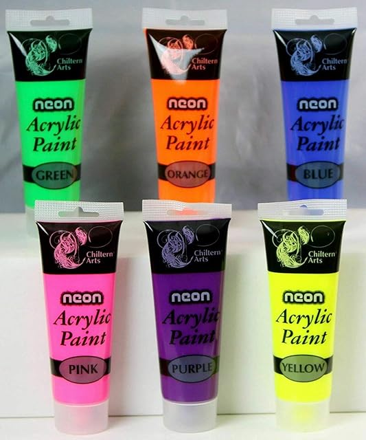Neon Acrylic Paint-Set of 6 different color tubes 120ml. Creative painting art supplies set for children, teens and adults,high colour pigment content, high coverage and fast drying neon acrylic paint