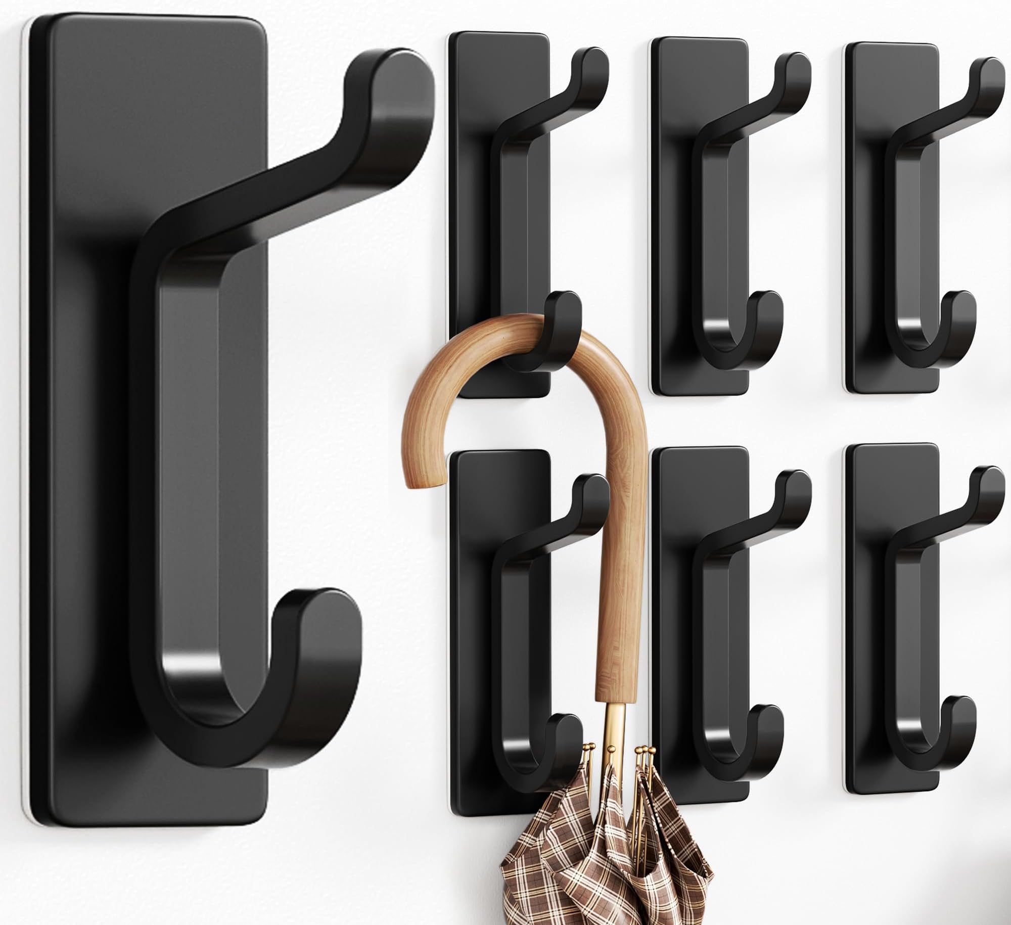 pickpiff 6-Pack Stick on Hooks for Hanging, Extra Sticky 6KG (Max), Coat Hooks for Door Self Adhesive, Metal Stainless Heavy Duty, for Towel Coat Hat Purse in Bathroom Shower, Black