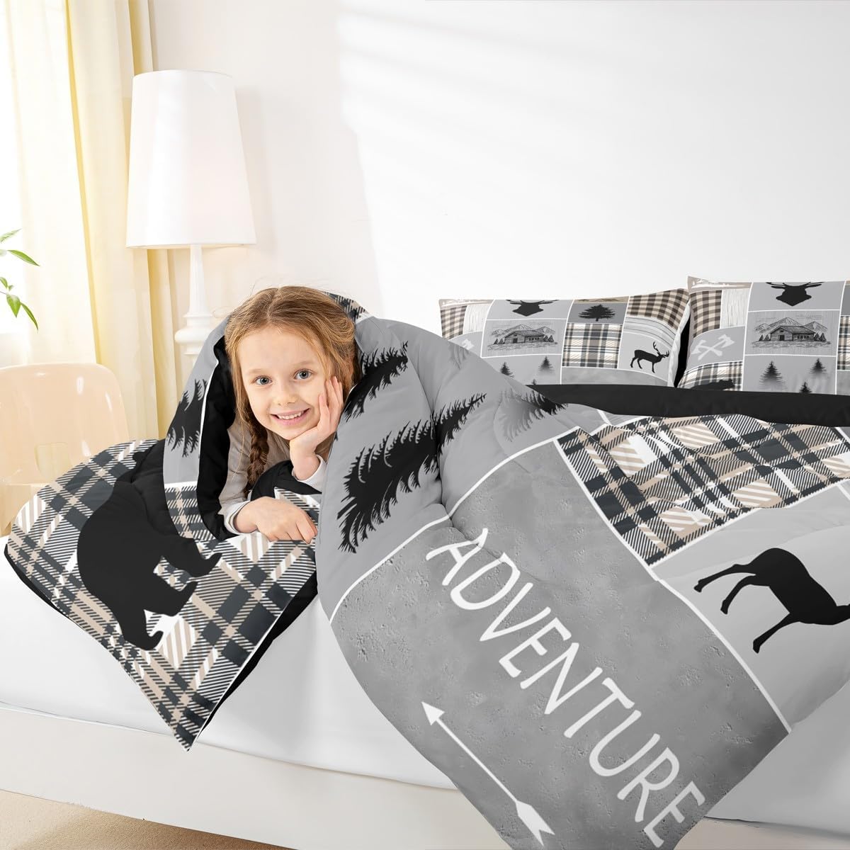 Erosebridal Rustic Patchwork Comforter Set Twin Retro Cabin Decor Bedding Set for Kids Boys Teens Adult, Woodland Bear Deer Quilt Vintage Wild Animal Cowboy Duvet Insert Farmhouse Decorations, Grey