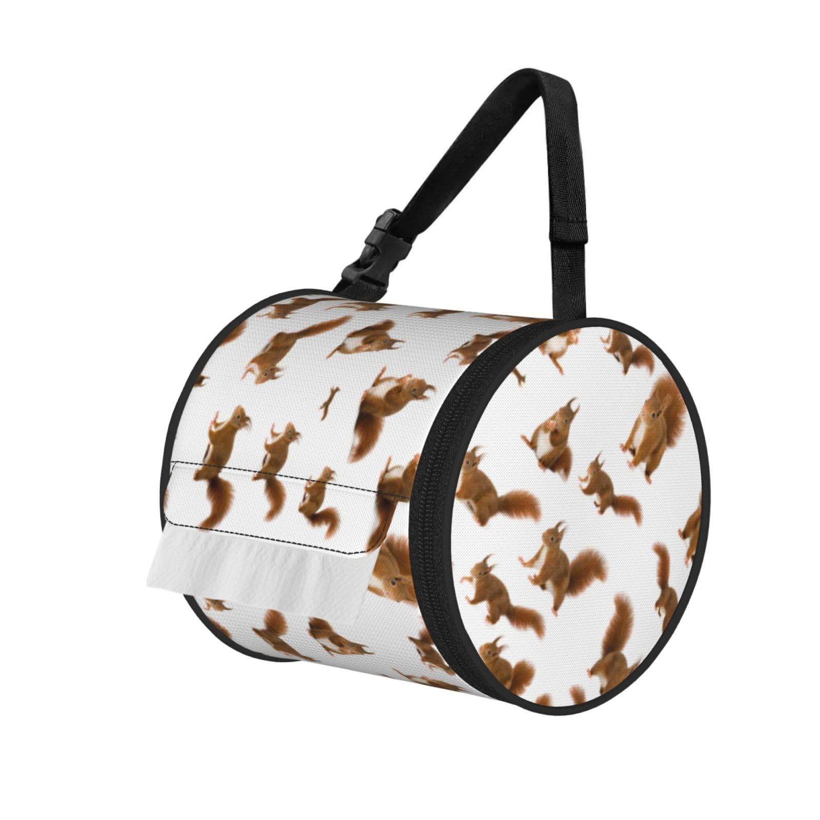Cute Squirrel Print Round Paper Tissue Holder With Shoulder Strap, Portable Roll Case For Caravan Travel Use