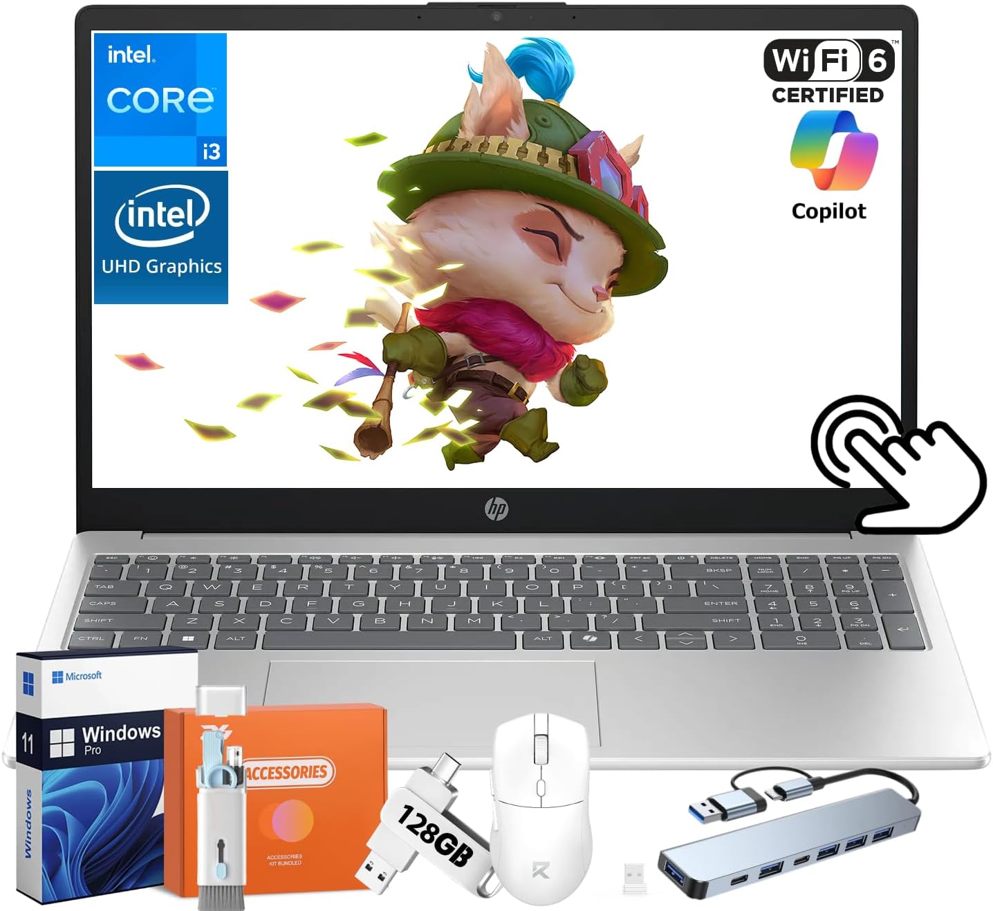 HP 2025 15.6" Touchscreen Laptop, 250-Nits Anti-Glare Display, 13th Intel Processor, 32 GB RAM, 2 TB SSD, Intel UHD Graphics, Wi-Fi 6, Copilot AI, Win 11 Pro, for Business & Students, w/Accessories