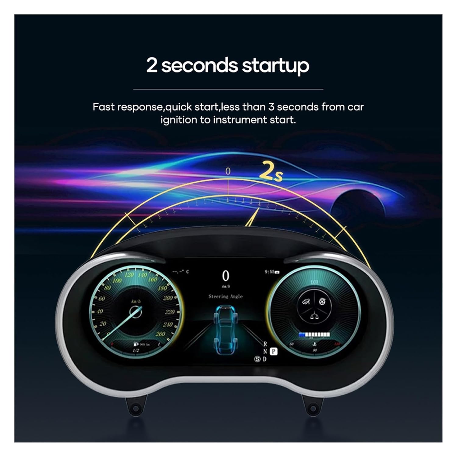 Graphic illustrating a 2-second startup time for the digital dashboard from car ignition.
