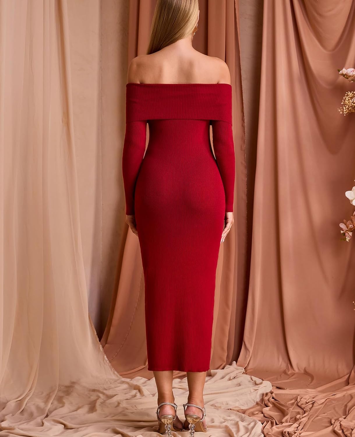 GLNEGE Off The Shoulder Fall Wedding Guest Dress Long Sleeve Bodycon Formal Cocktail Sweater Dresses for Women - Image 3