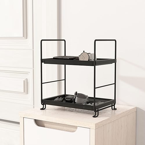 Miniatura 5 de Organizador de baño de 2 niveles para encimera, instalación sin herramientas, plástico grueso, estante de maquillaje, perfume, cuidado de la piel,