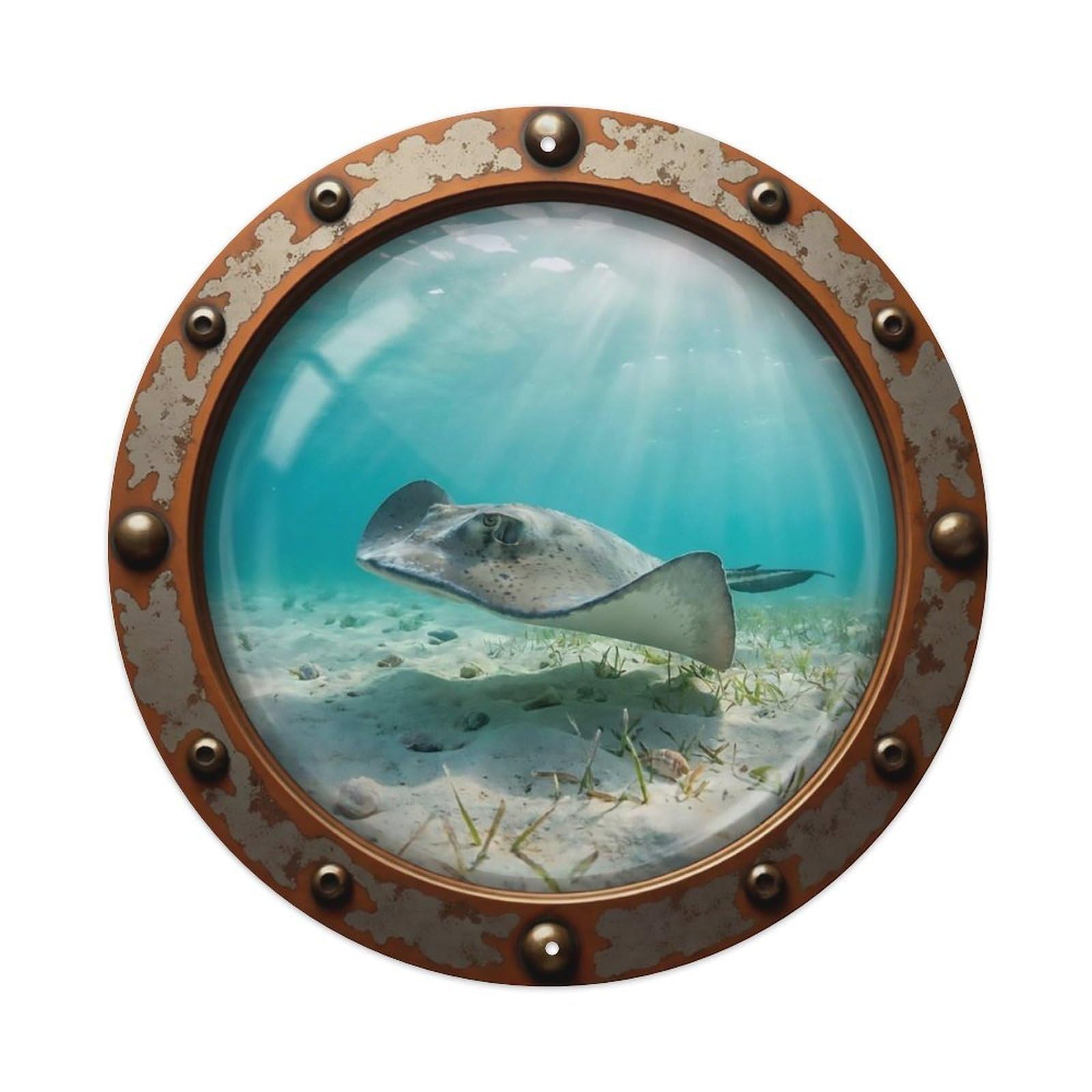 Vintage Porthole Ray Swimming Nautical Window View Metal Tin Sign