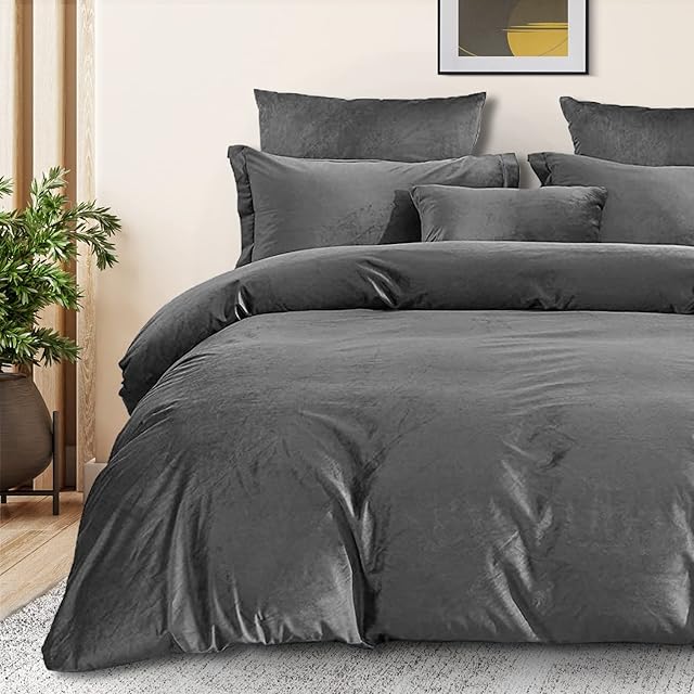 BedLooms Crushed Velvet Duvet Cover Sets 3 Piece King Size Duvet Cover Grey Quilt Cover Duvet Set Super Soft Hypoallergenic Velvet Bedding + 2 Matching Pillowcases (230 x 220 Cm)