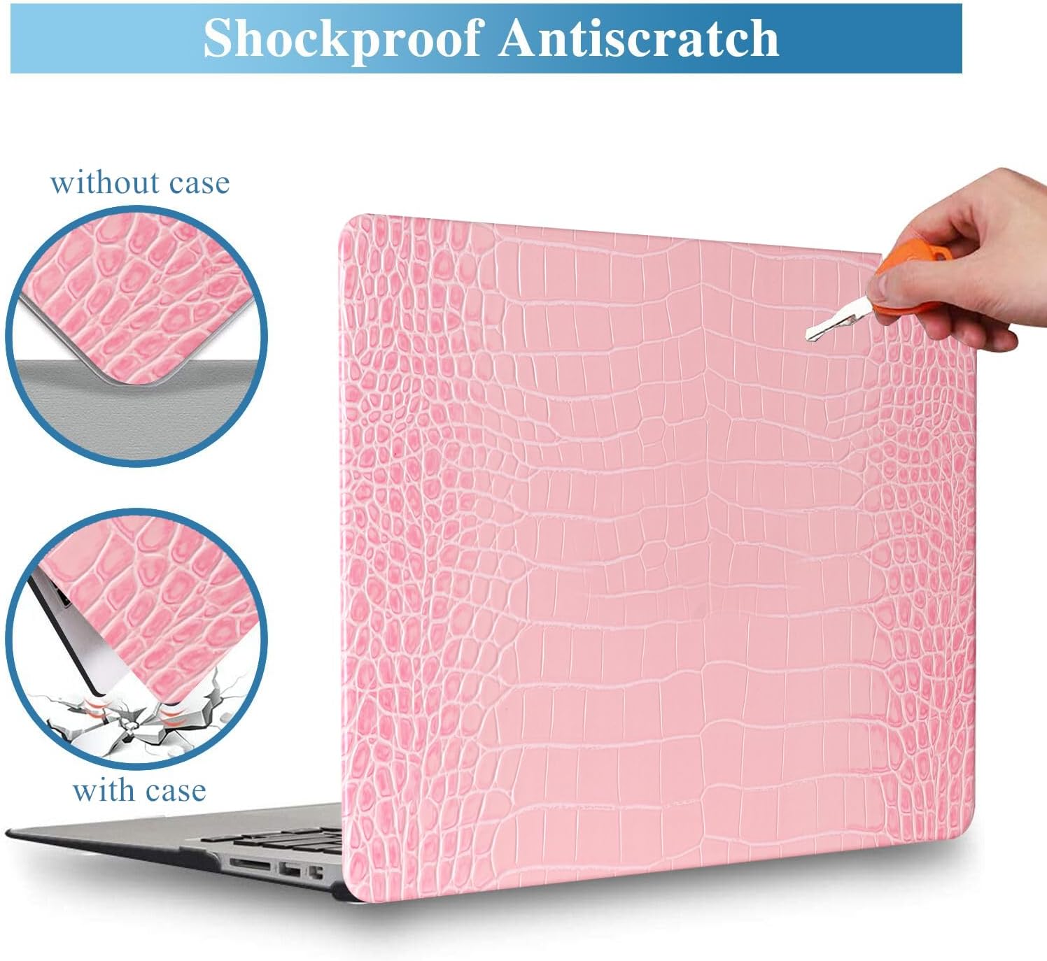 KEROM Compatible with Crocodile MacBook Pro 13 Inch Case 2026 2022-2016 M2 M1 A2338 A2289 A2251 A2159 A1989 A1706 A1708, Textured Aligator Skin Snakeskin PU Leather Hardshell & Keyboard Cover, Pink