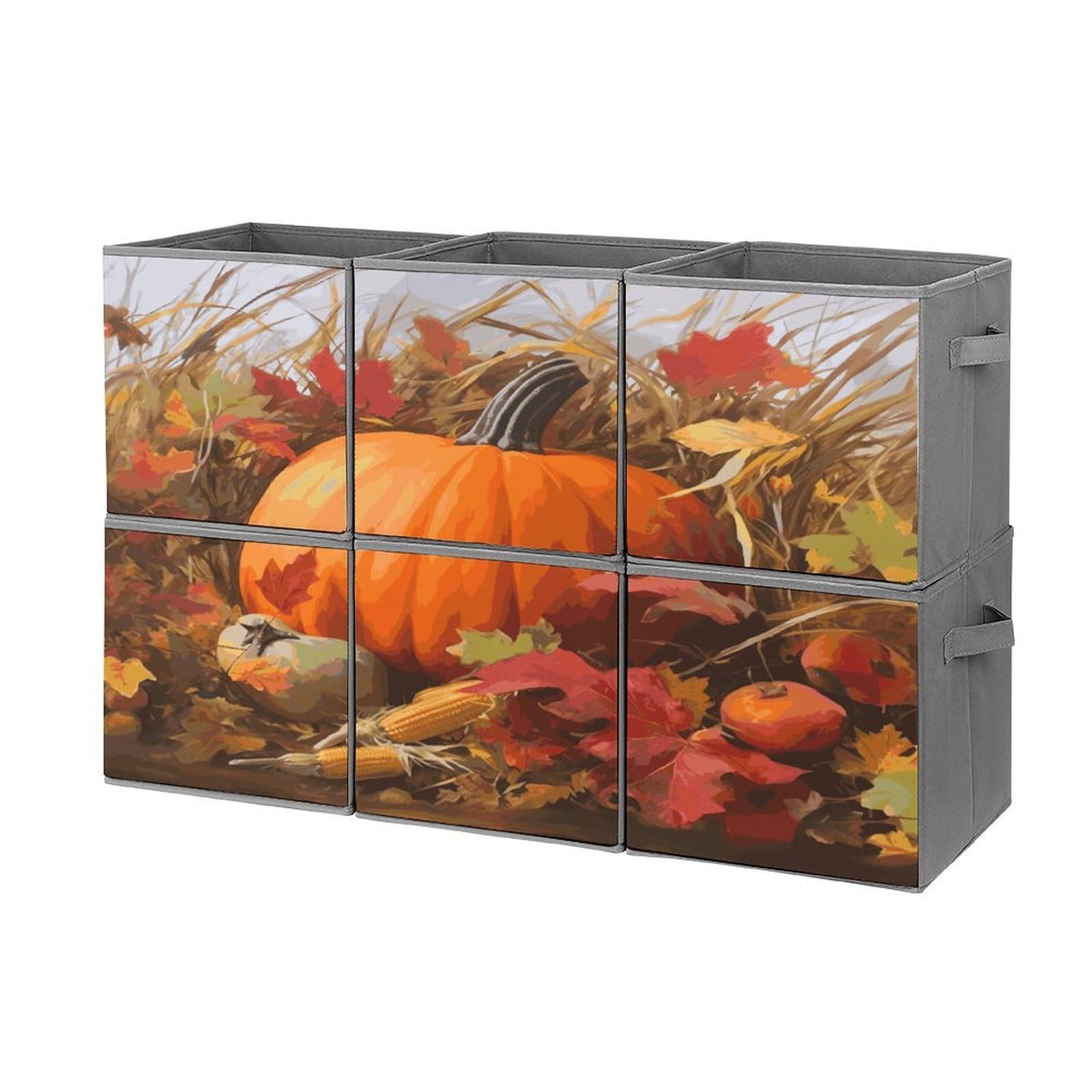 Btcowzrv Style Harvest Pumpkin Storage Cubes, 6 Pack Oxford Fabric Foldable Collapsible Bins With Handles, Cubby Storage Baskets Boxes For Closet Shelves Office Organization