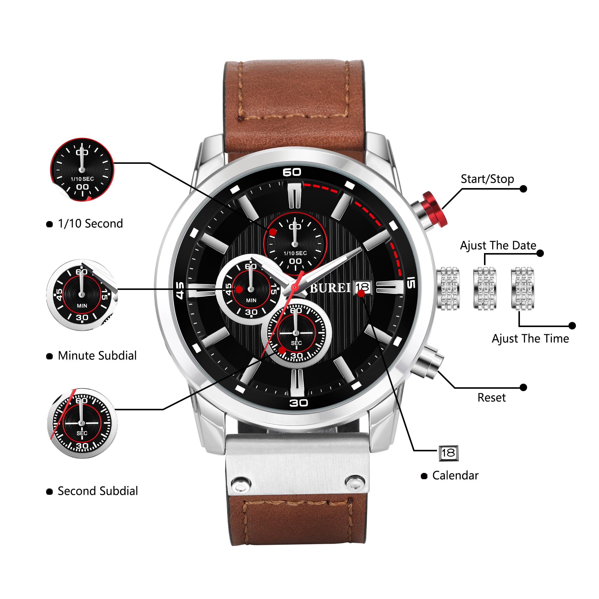 BUREI Mens Brown Vintage Leather Strap Multi-Dial Calendar Waterproof Watch Simulation Quartz Watch Classic Sports Men's Watch Gifts