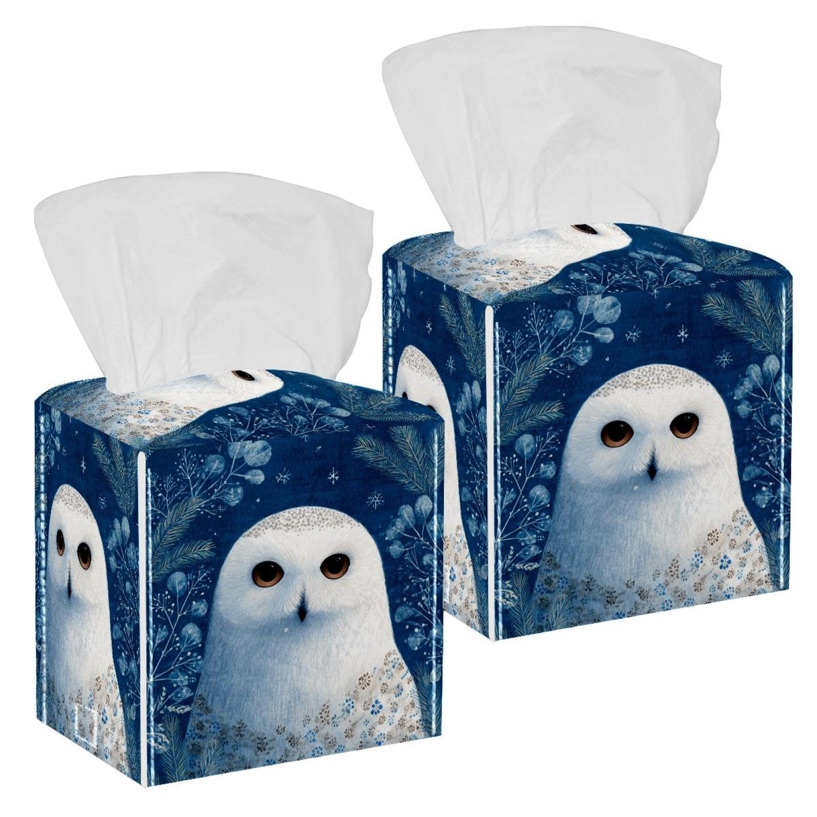 White Owl Tissue Box Cover, 2 Pack PU Leather Square Facial Tissue Dispenser Box holder for Home Office Car
