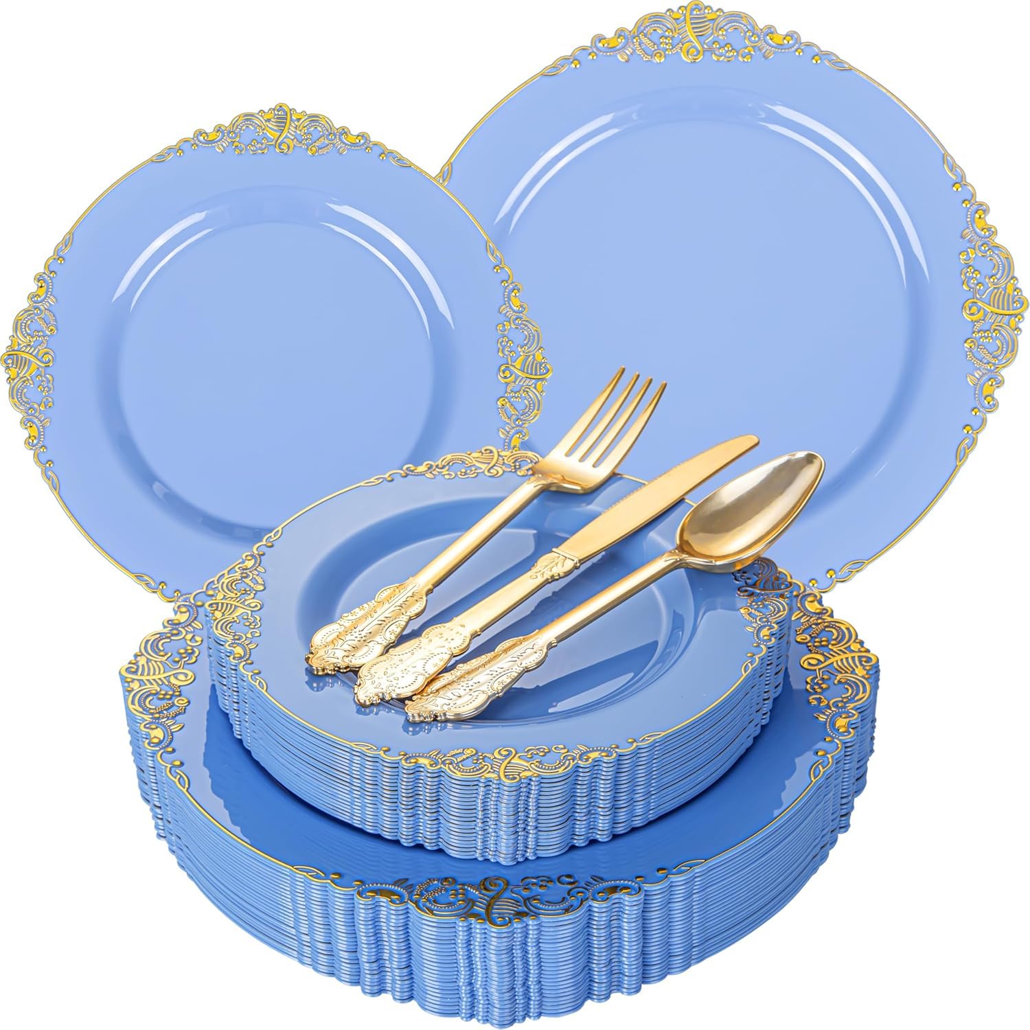 Wedding Plates & Silverware Set - 125PCS Gold & White -13