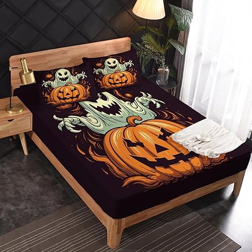 Miniatura 121 de Sábanas de Halloween tamaño individual – Juego de sábanas espeluznantes de calabaza murciélago para niños y niñas, juego de sábanas temáticas