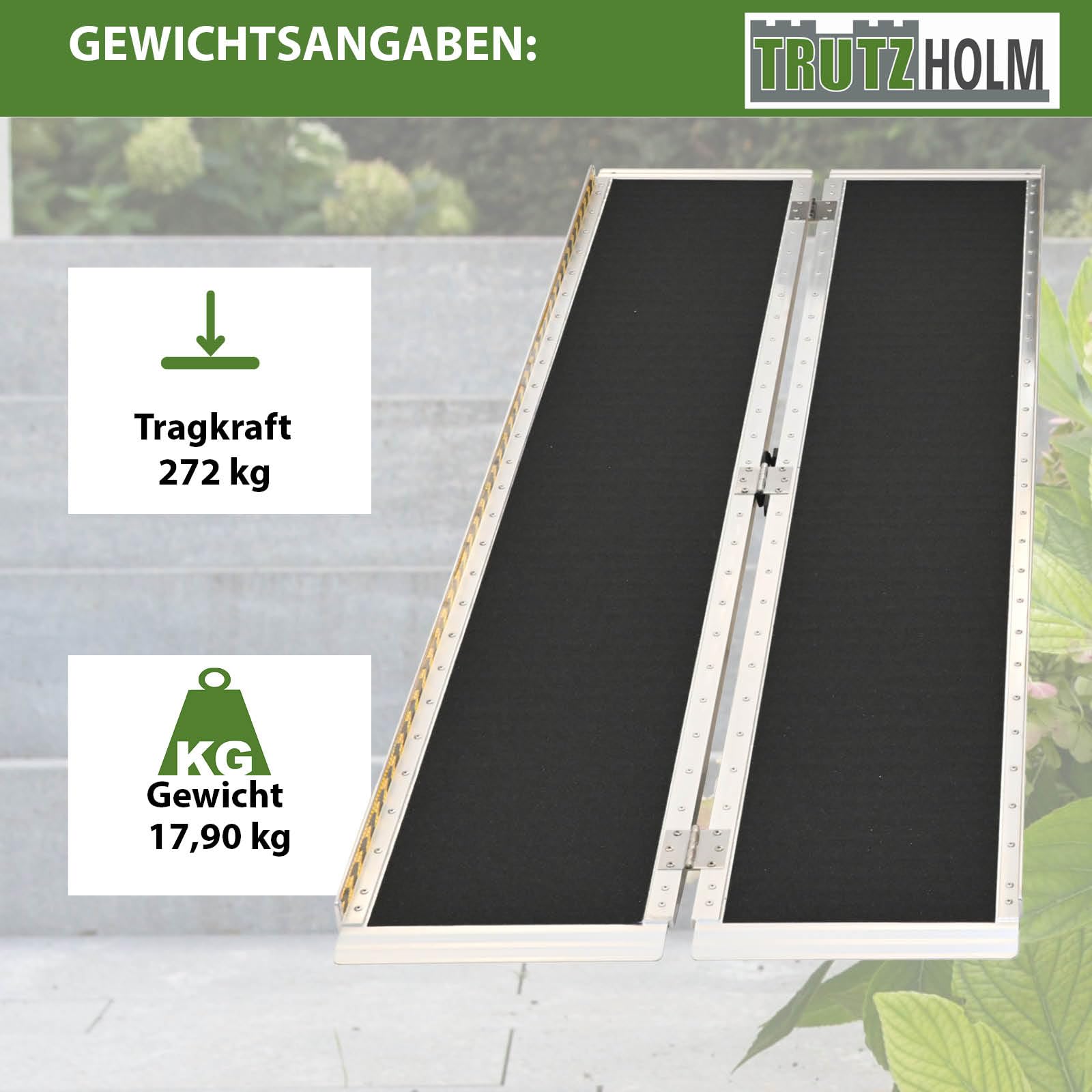TRUTZHOLM Rollstuhlrampe 1-Fach klappbar 213 cm Traglast 272 kg Alu grau schwarz beschichtet Auffahrrampe