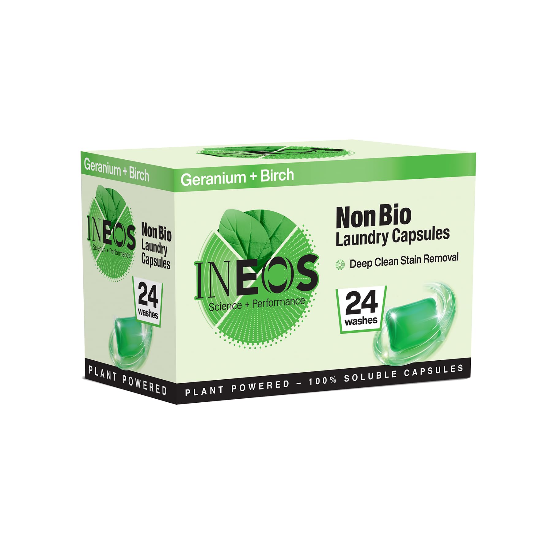 INEOS Non Bio Laundry Washing Capsules, 24 Washes, High Performance Stain Remover For Clothes, Soluble Capsules, Plant Powered, For Sensitive Skin, Geranium + Birch