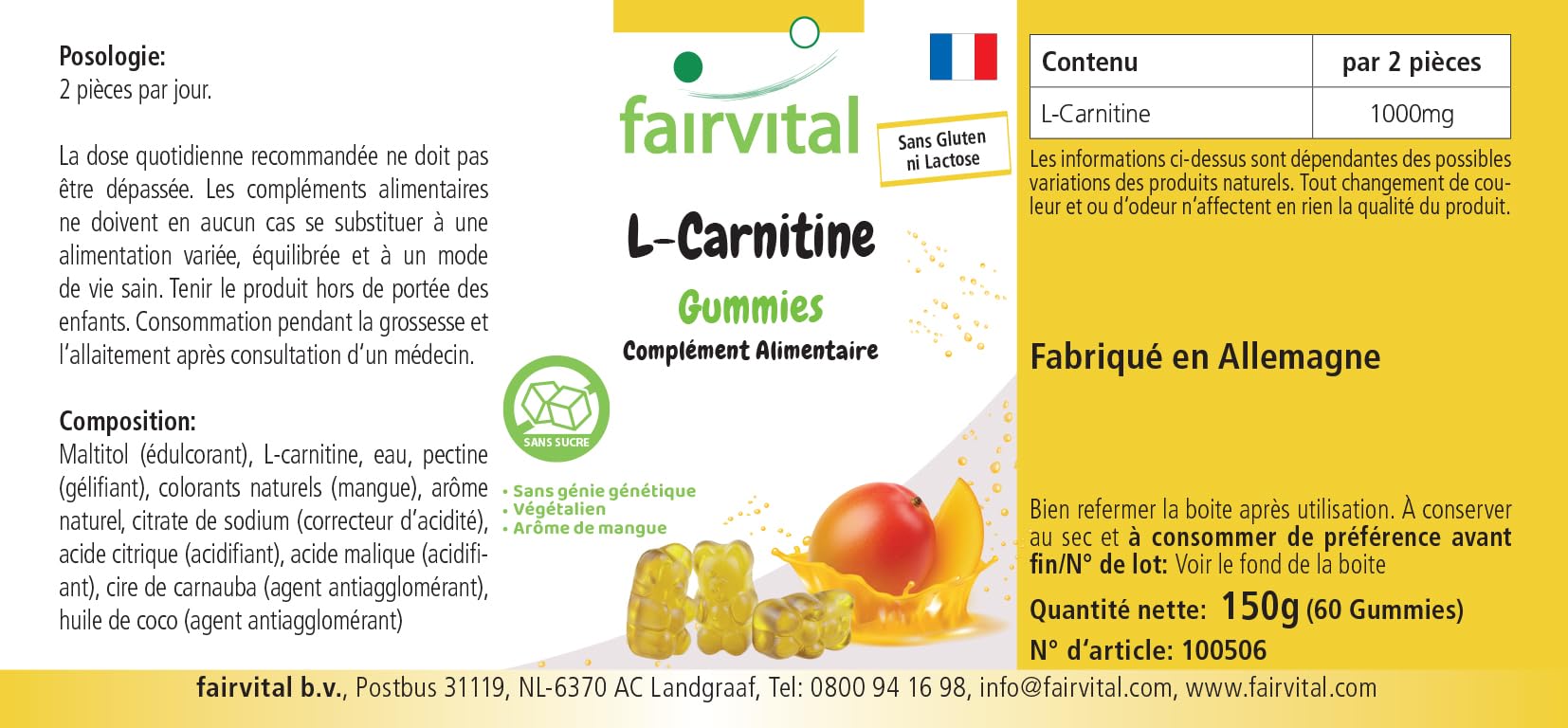 Fairvital | Żelki L-karnityna – 60 sztuk – 1000mg w dziennej dawce – smak mango – wysoka dawka – 100% wegańskie + bez cukru – sprawdzona jakość i wysoka dawka – wyprodukowane w Niemczech