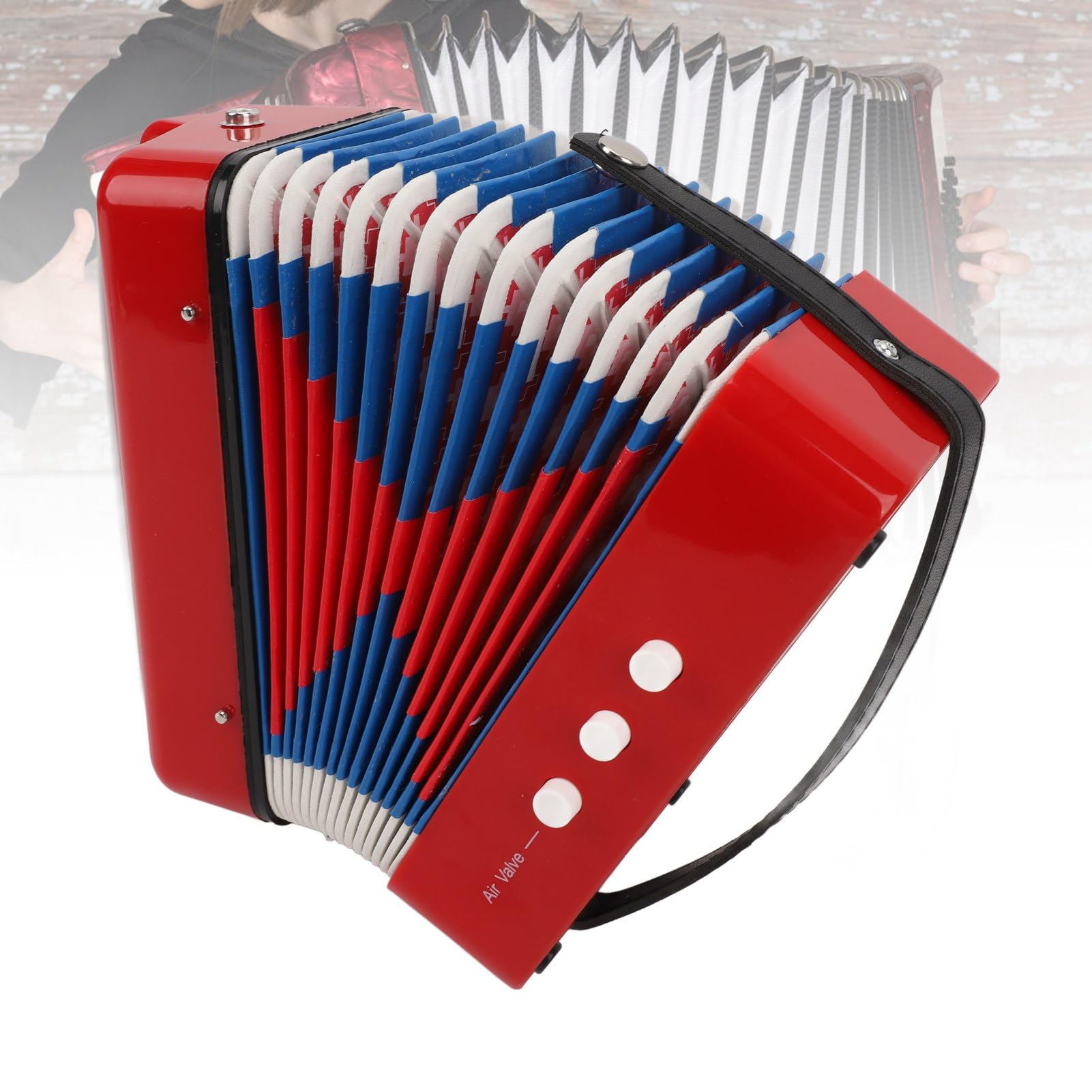 Mini Accordion 7 Key 2 Bass, Instrumento de educación musical, material ABS con fuelle de cuero, Guía de aprendizaje incluida, portátil con hebilla de cinturón