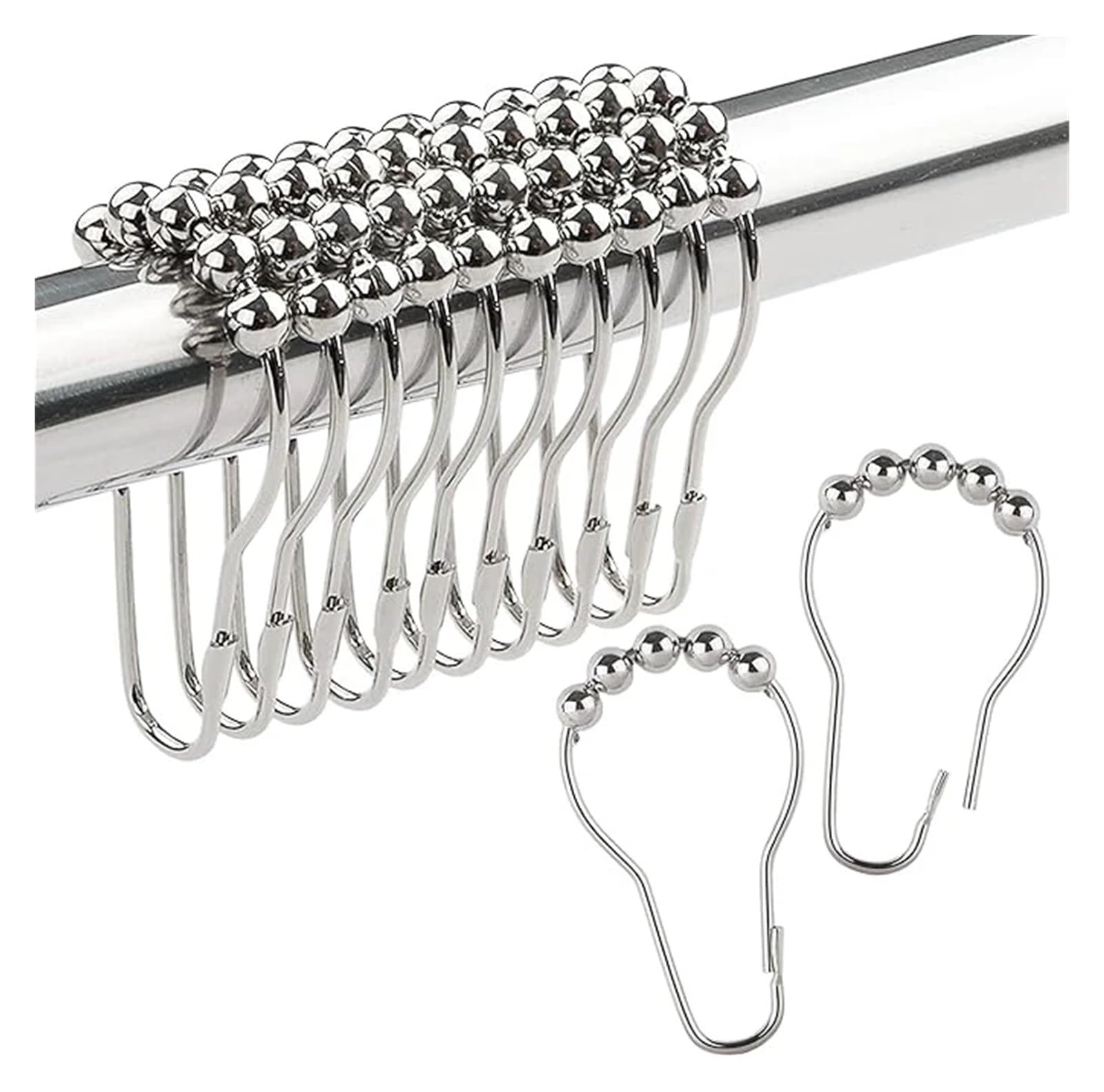 curtain hooks 12Pcs/Set Shower Curtain Hooks Bathroom Pole Lifting Ring Gourd Shaped 5 Bead Buckles for home(Silver 12Pcs)