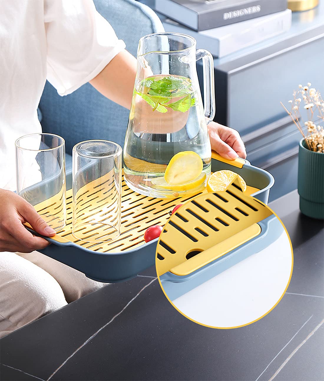 Bandeja rectangular de plástico para servir con doble drenaje, antideslizante, bandeja para desayuno en la cama, bandeja de mesa de café, color azul, 36,5 x 24,5 x 4,9 cm, perfecta para fiestas y uso