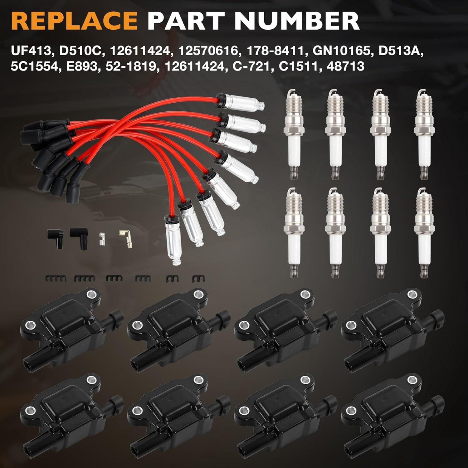HQPASFY Square Ignition Coil UF413 & Iridium Spark Plug & Wires Set of 8 Compatible With 2005-2018 Chevy Silverado Express 1500 2500 3500 GMC Sierra Yukon Cadillac Escalade 4.8L 5.3L 6.0L