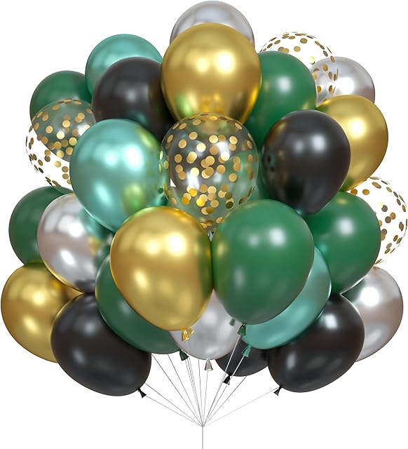 Green Black Balloons Pack of 60, Dark Green Black Metallic Green Gold Silver Latex Balloons with Gold Confetti Balloons for Video Game Party Balloons, Wedding, Jungle Safari Theme Birthday Decoration
