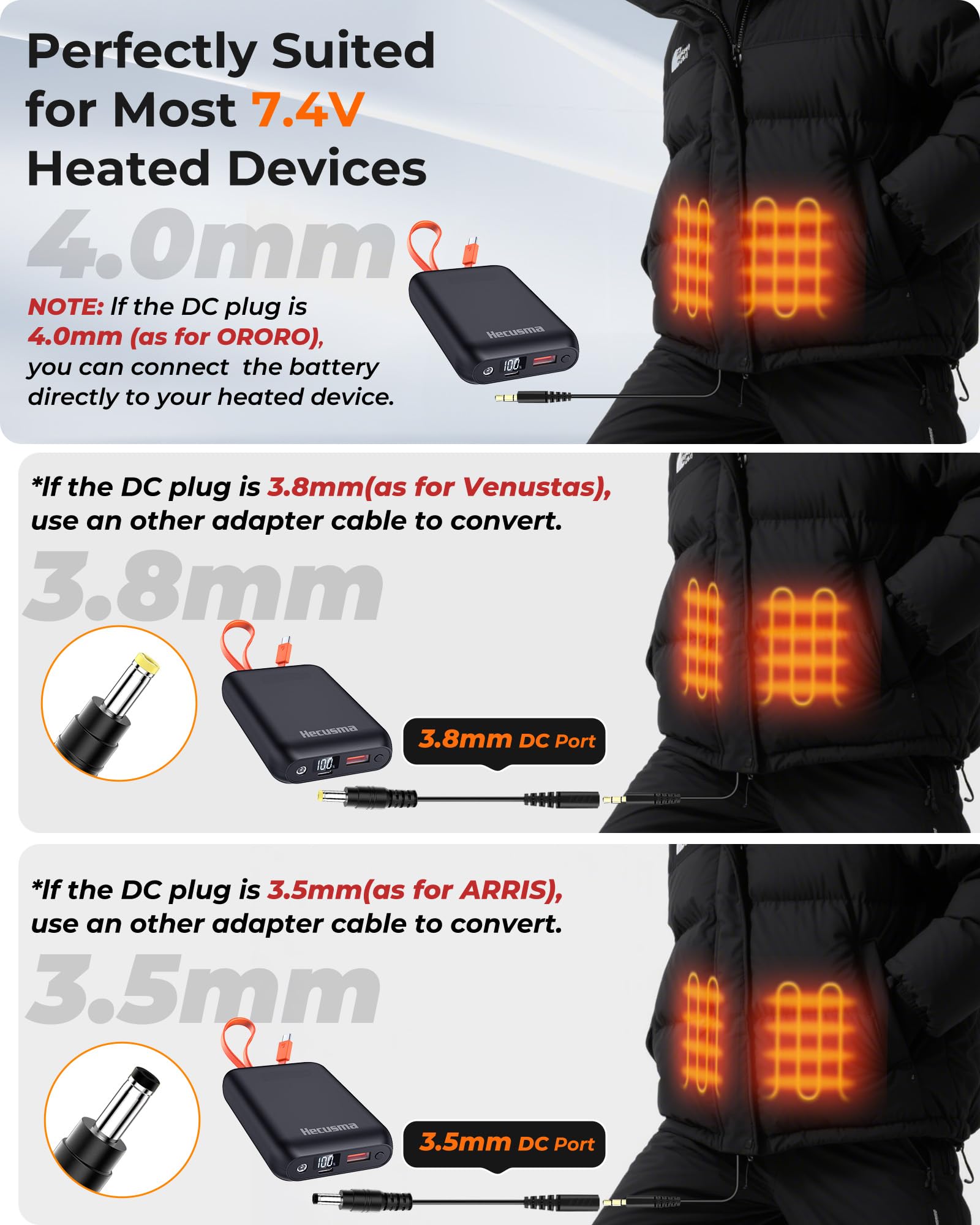 Batterie Externe pour Gilet Chauffant 7,4V 20000mAh, Batterie Veste Chauffante avec Câble USB-C Intégré, Power Bank Portable avec écran LED, 1 Port USB-C & A et DC, pour Gilet Chauffant Homme Femme