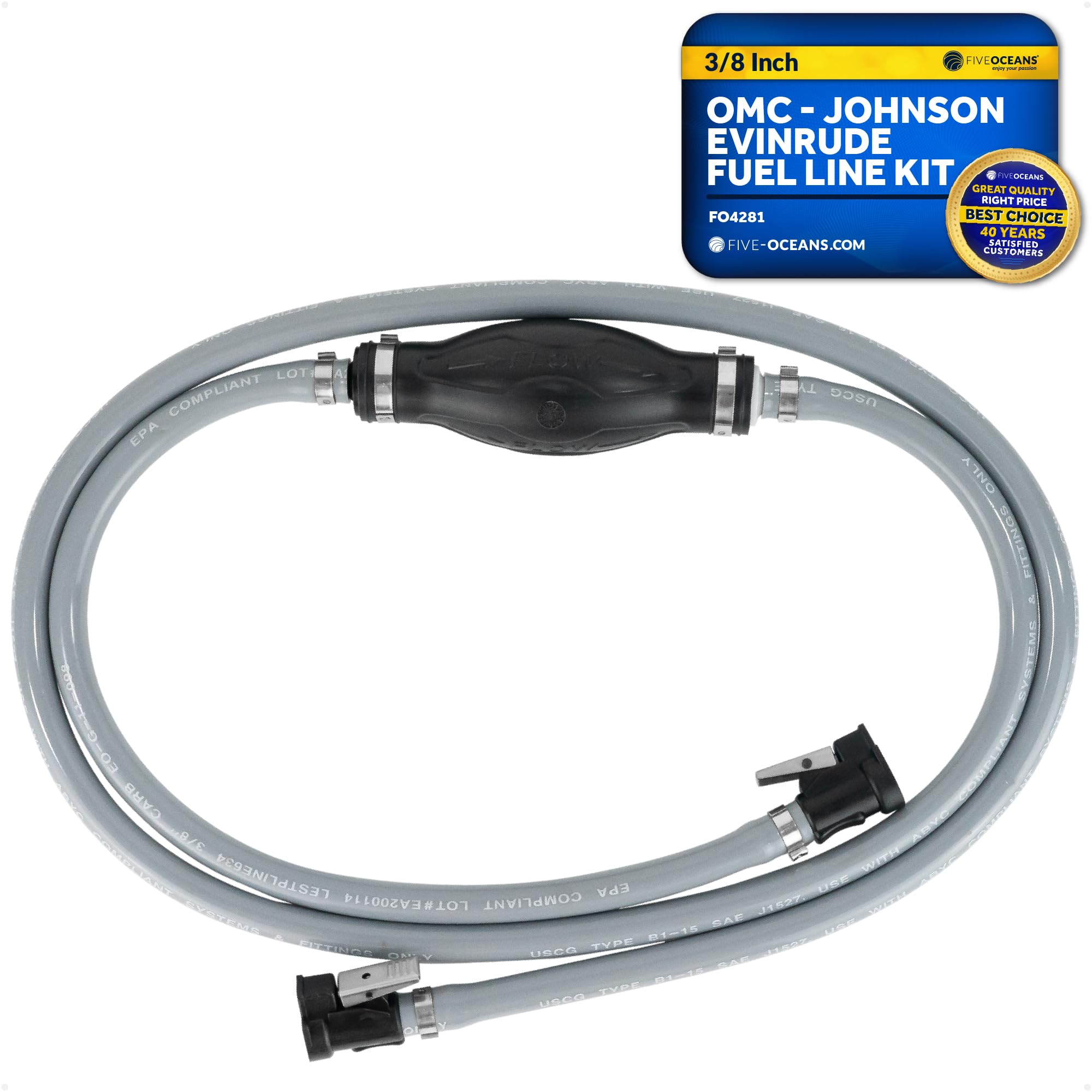 Five Oceans OMC/Johnson/Evinrude Marine Boat Fuel Line Kit, 3/8-Inch x 6-Foot, EPA/CARB Approved, Leakproof, Outboard Fuel Line - FO4281