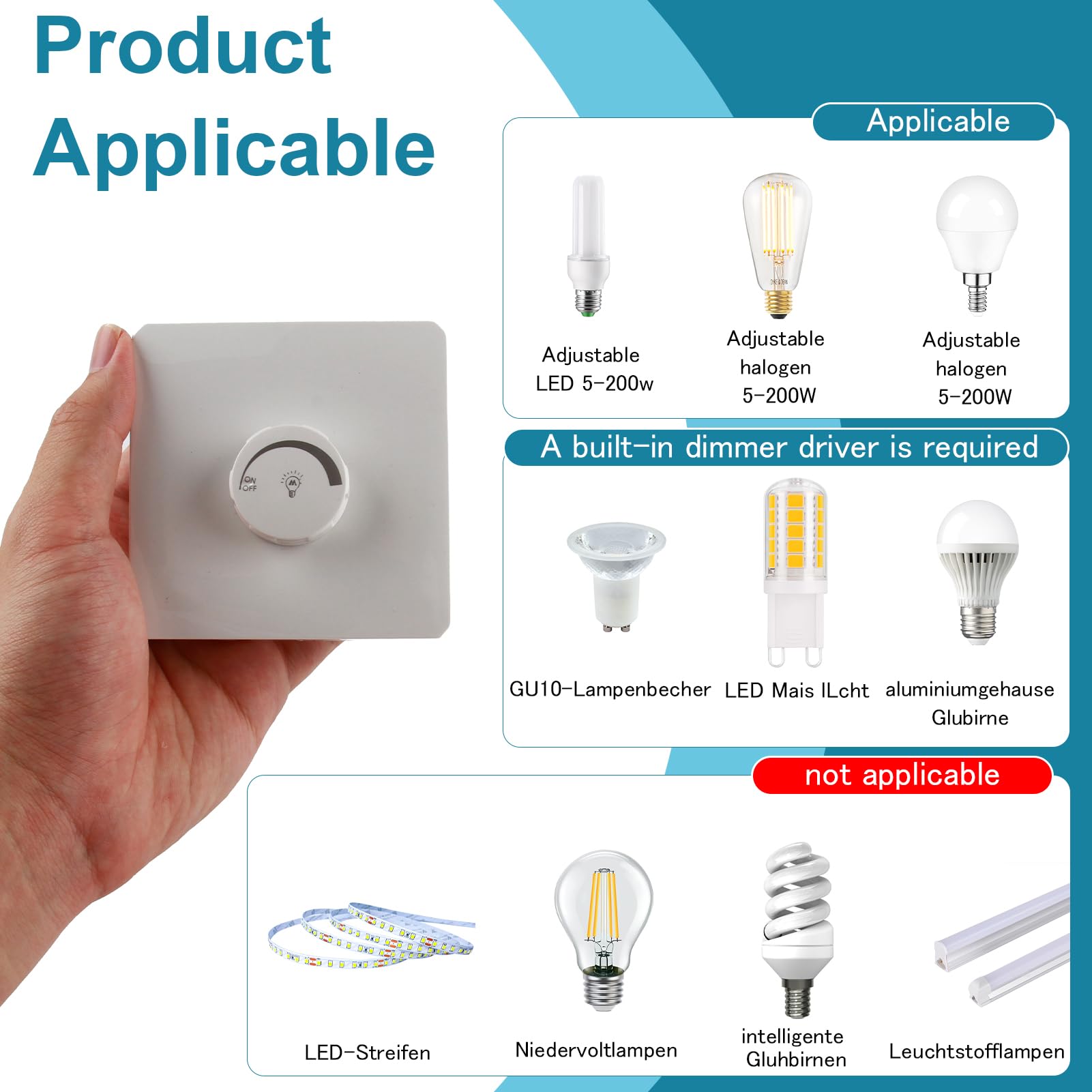Regulador de intensidad para lámpara LED, interruptor de luz regulable 86 * 86mm 110-250V 10-16A 1-400W, interruptor empotrado, botón giratorio, regulación de velocidad sin etapas para lámparas