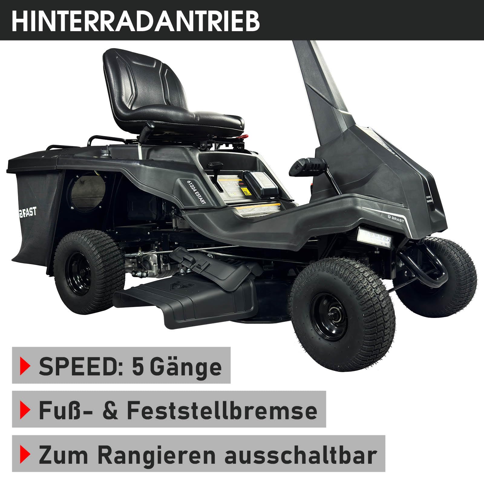 BRAST® Rasentraktor Benzin Aufsitzmäher | 5,15kW(7PS) | Elektrostart | XXL Schnittbreite 61cm | TÜV geprüft | Variable Geschwindigkeit | 150L Fangkorb | für mittlere bis große Rasenflächen