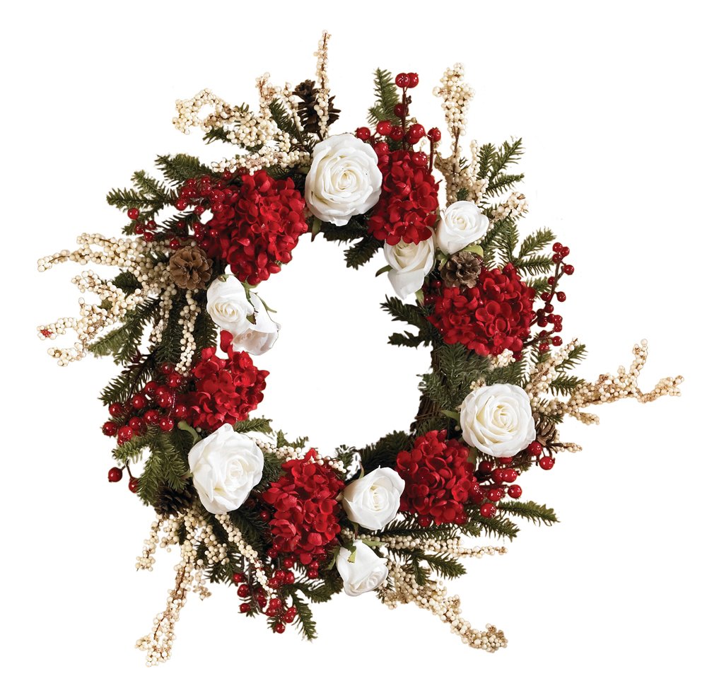 Nearly Natural 4899 Hydrangea with White Roses Wreath, 24-Inch, Red /White/Green